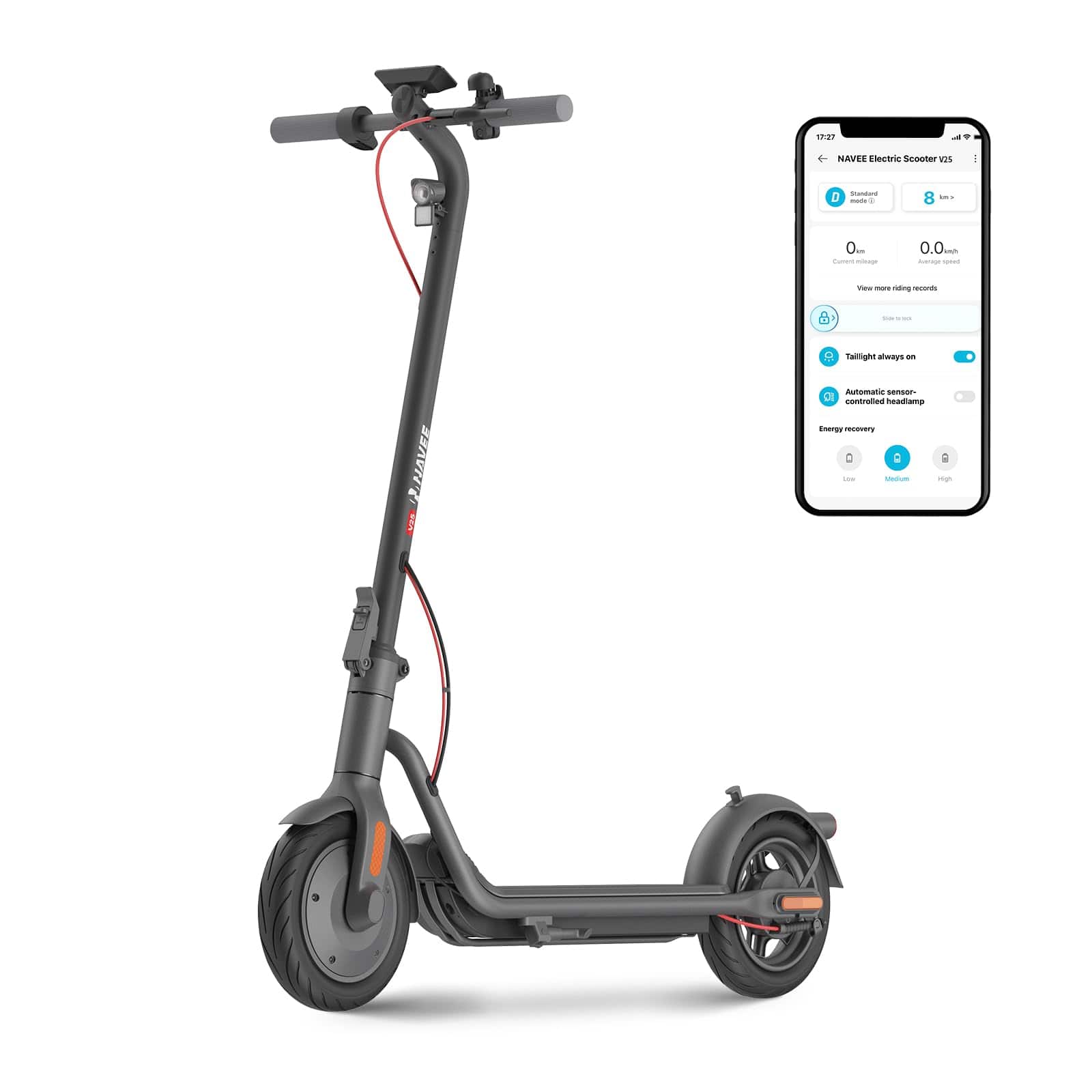 NAVEE - V25 Electric Scooter for Adults, 15.5 Miles Max Range, 19 MPH Max Speed, 600W Motor, 10" Pneumatic Tires - Black