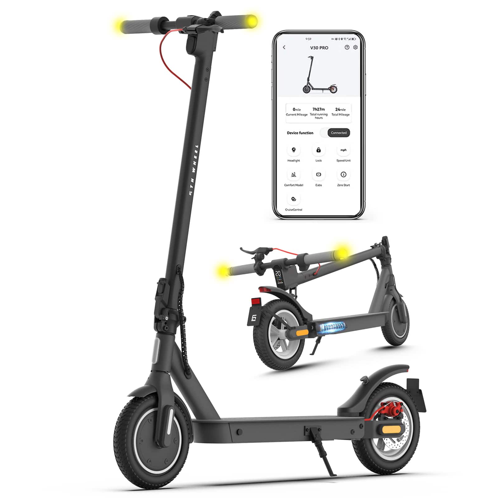 5th Wheel - V30PRO Foldable Electric Scooter w/ 20 mi Max Operating Range & 18 mph Max Speed - Black