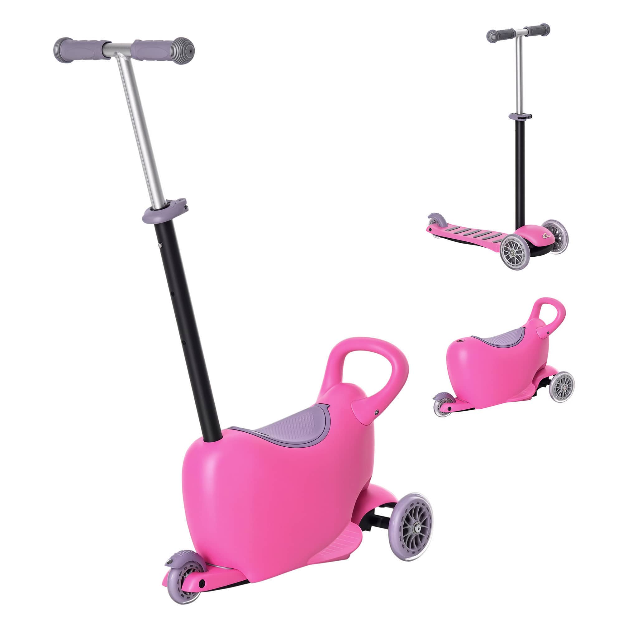 Qaba - 3-in-1 Ride On: push car/scooter/walker, adjustable handle, 3 wheels, removable storage seat, 2-6y - Pink