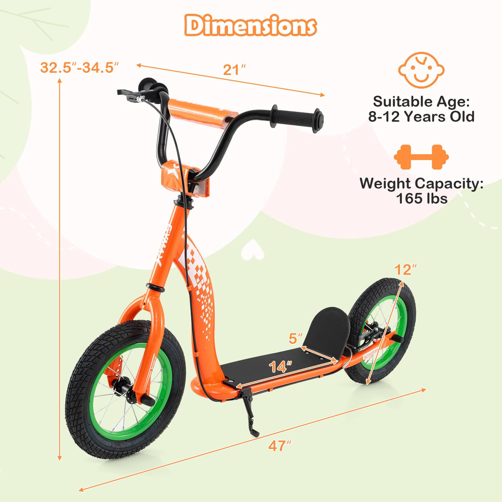 Gymax - Kids Scooter w/ Adjustable Height Handlebar 12-Inch Inflatable Wheels Handbrake - Orange - Image 3