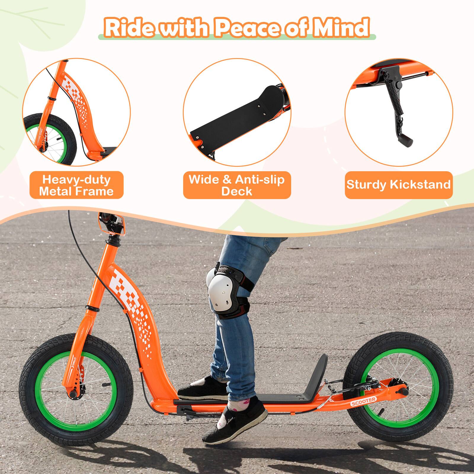Gymax - Kids Scooter w/ Adjustable Height Handlebar 12-Inch Inflatable Wheels Handbrake - Orange - Image 5