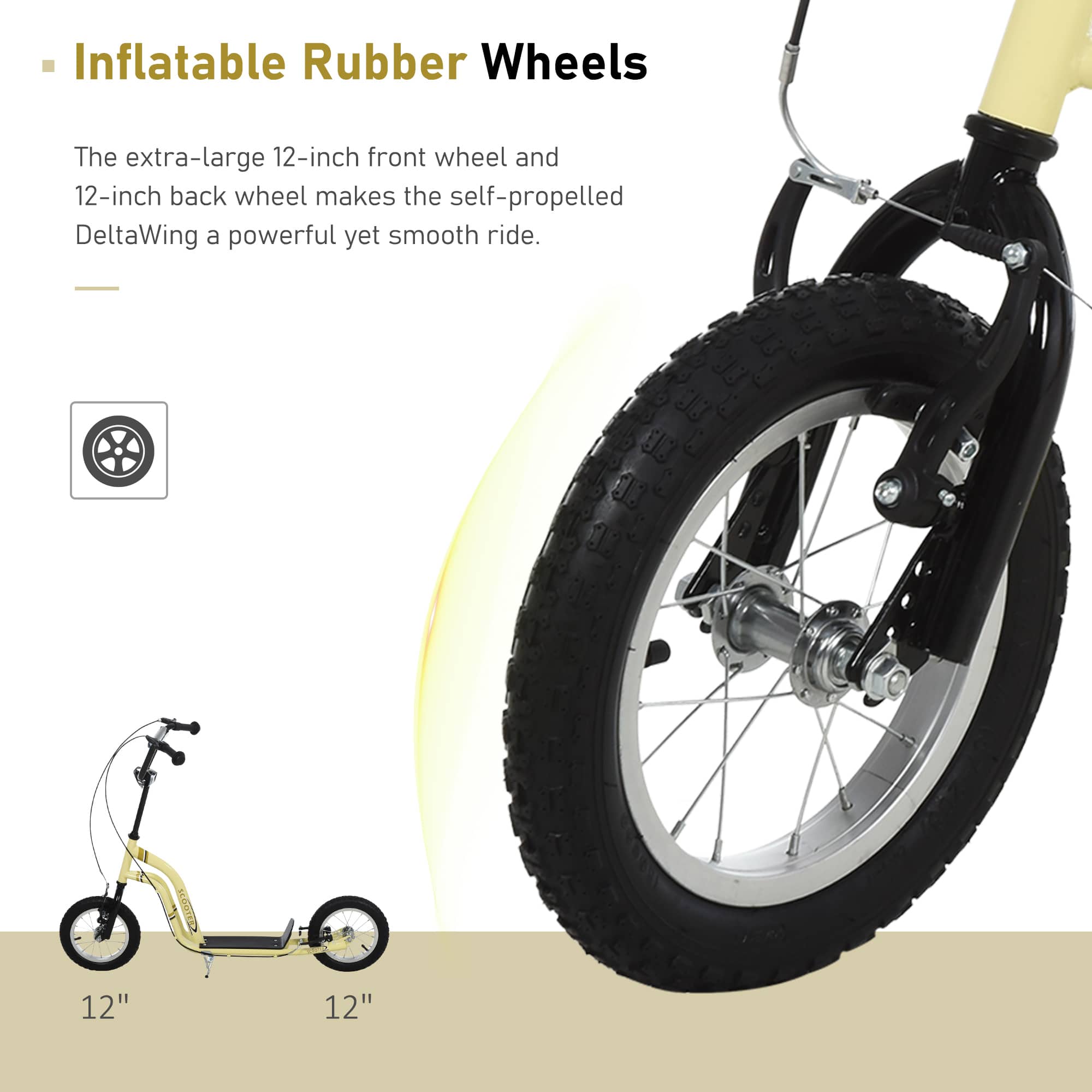 Aosom - Youth Scooter with front and rear caliper dual brakes, 12-inch inflatable front wheel, ride-on toy for age 5+ - Beige - Image 4