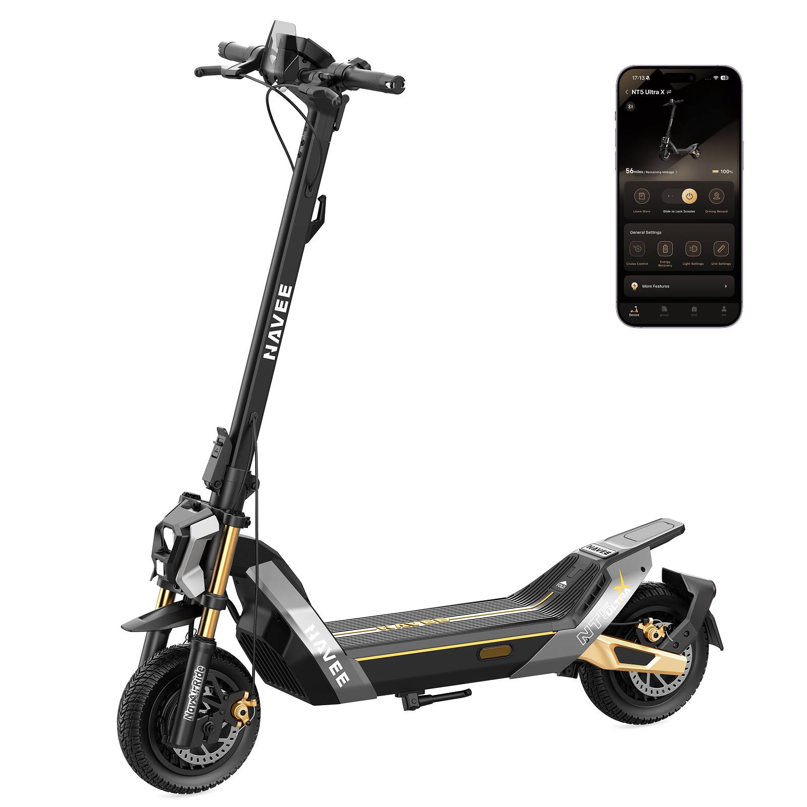NAVEE - NT5 Ultra X Electric Scooter, 55.9 mi Max Range, 40 MPH Max Speed, Dual 800W Motors, Advanced Suspension, 10.5" Tires - Black