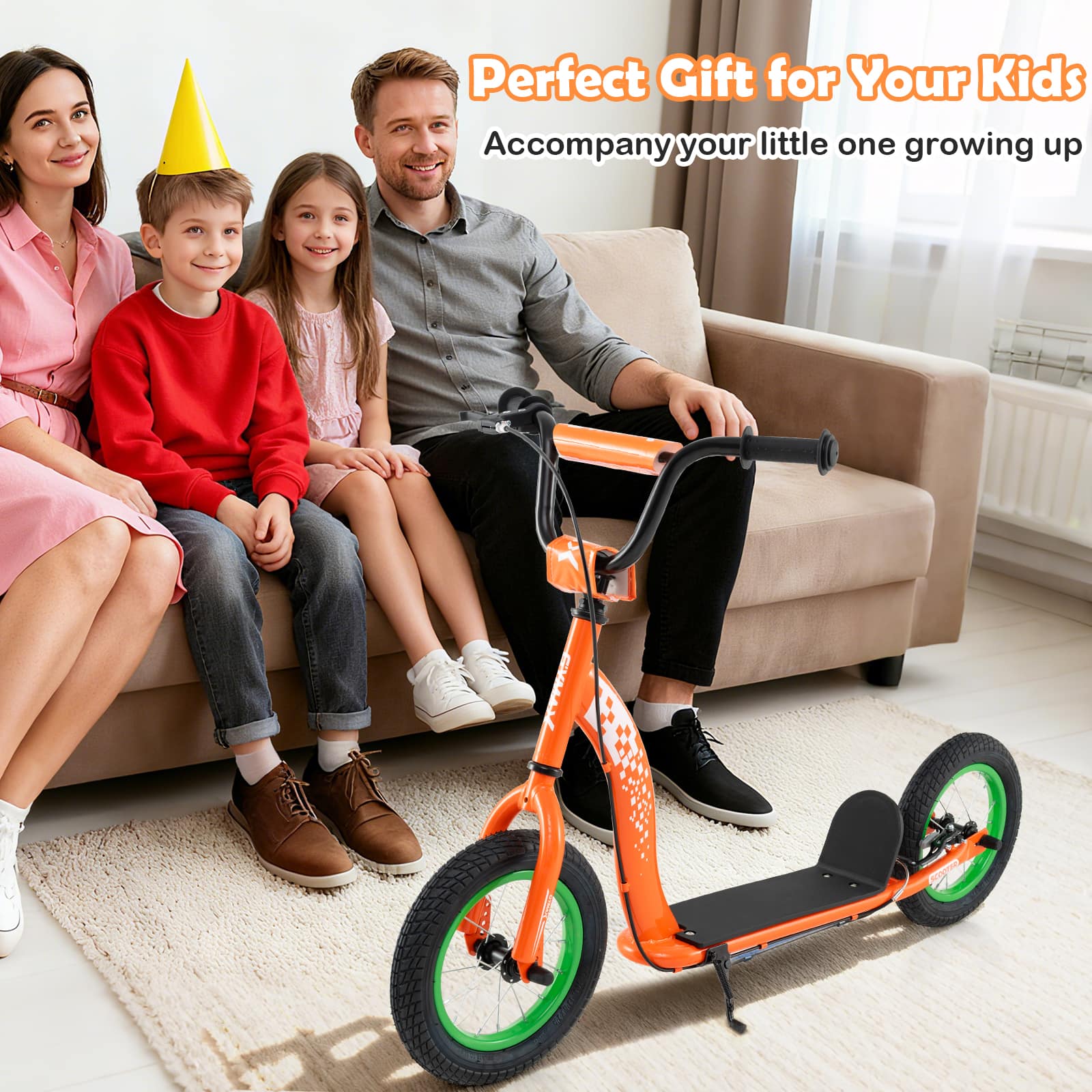 Gymax - Kids Scooter w/ Adjustable Height Handlebar 12-Inch Inflatable Wheels Handbrake - Orange - Image 4