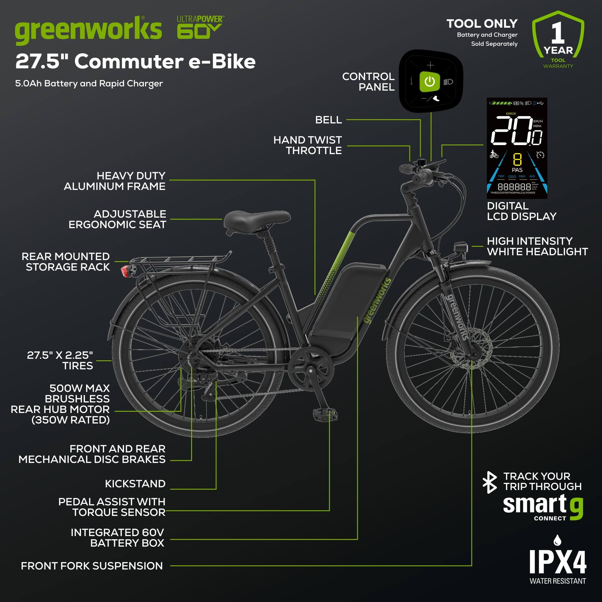 Greenworks - 60V Electric Commuter Bike for Adults, 27.5" Tires, 500W Peak Motor, Removable Battery (Bike Only) - Green - Image 4
