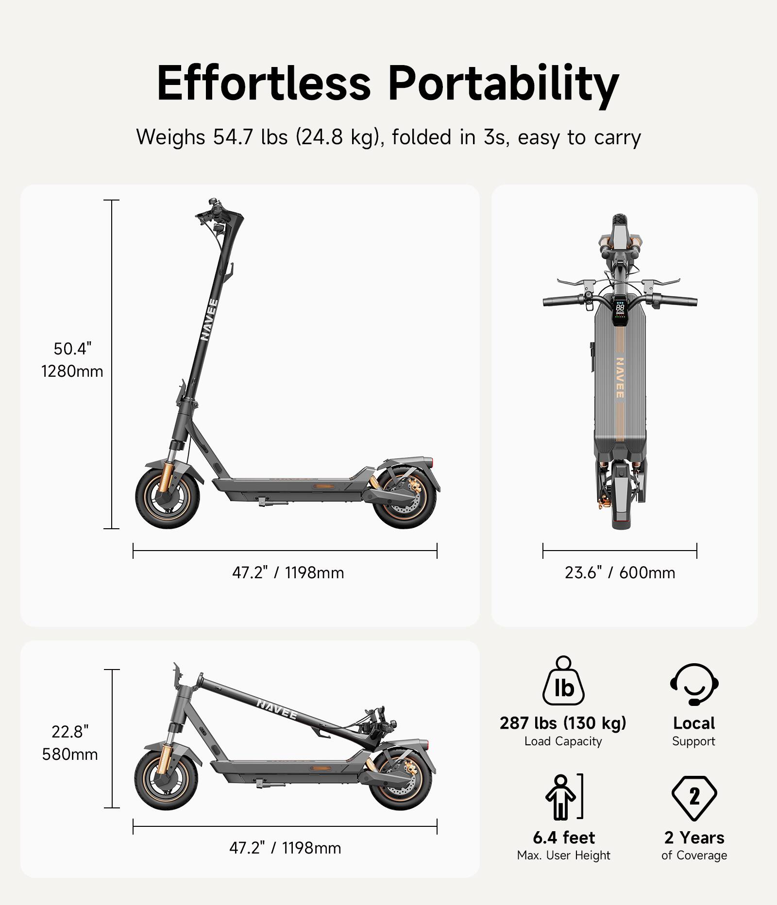 NAVEE - GT5 Max Electric Scooter, 55.9mi Max Range, 25MPH Max Speed, 1638W Motor, Front Fork & Rear Damping, 10" Tires - Black - Image 5