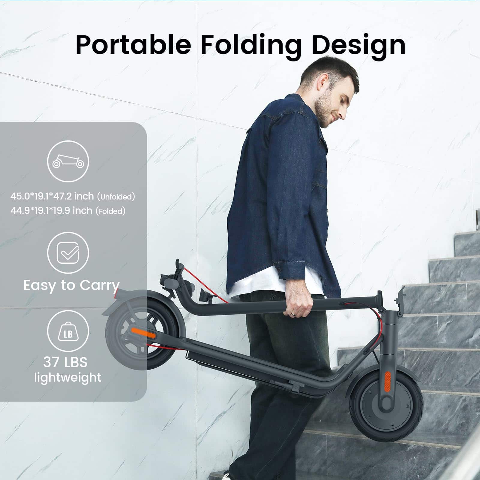 NAVEE - V25 Electric Scooter for Adults, 15.5 Miles Max Range, 19 MPH Max Speed, 600W Motor, 10" Pneumatic Tires - Black - Image 3