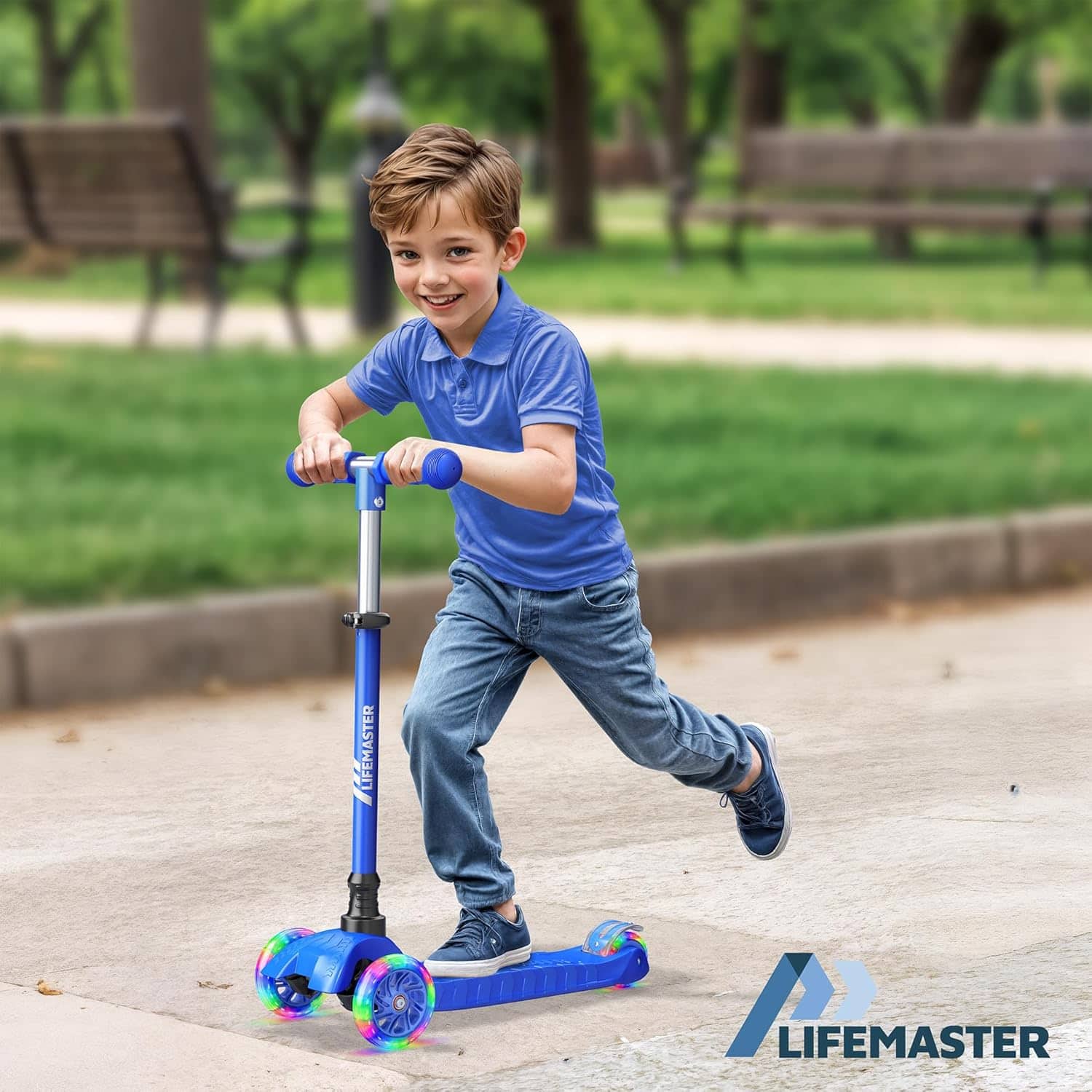 Bakken- Swiss - Lifemaster Kids 3-Wheel Scooter – LED Light-Up Wheels, Adjustable Handlebar, Indoor/Outdoor Use - Blue - Image 3