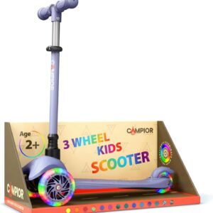 Campior - Mini 3-Wheel Kids Scooter – LED Wheels, Lean-to-Steer, Adjustable Handlebar, Anti-Slip Deck, Rear Brake, for Ages 2+ - Gray