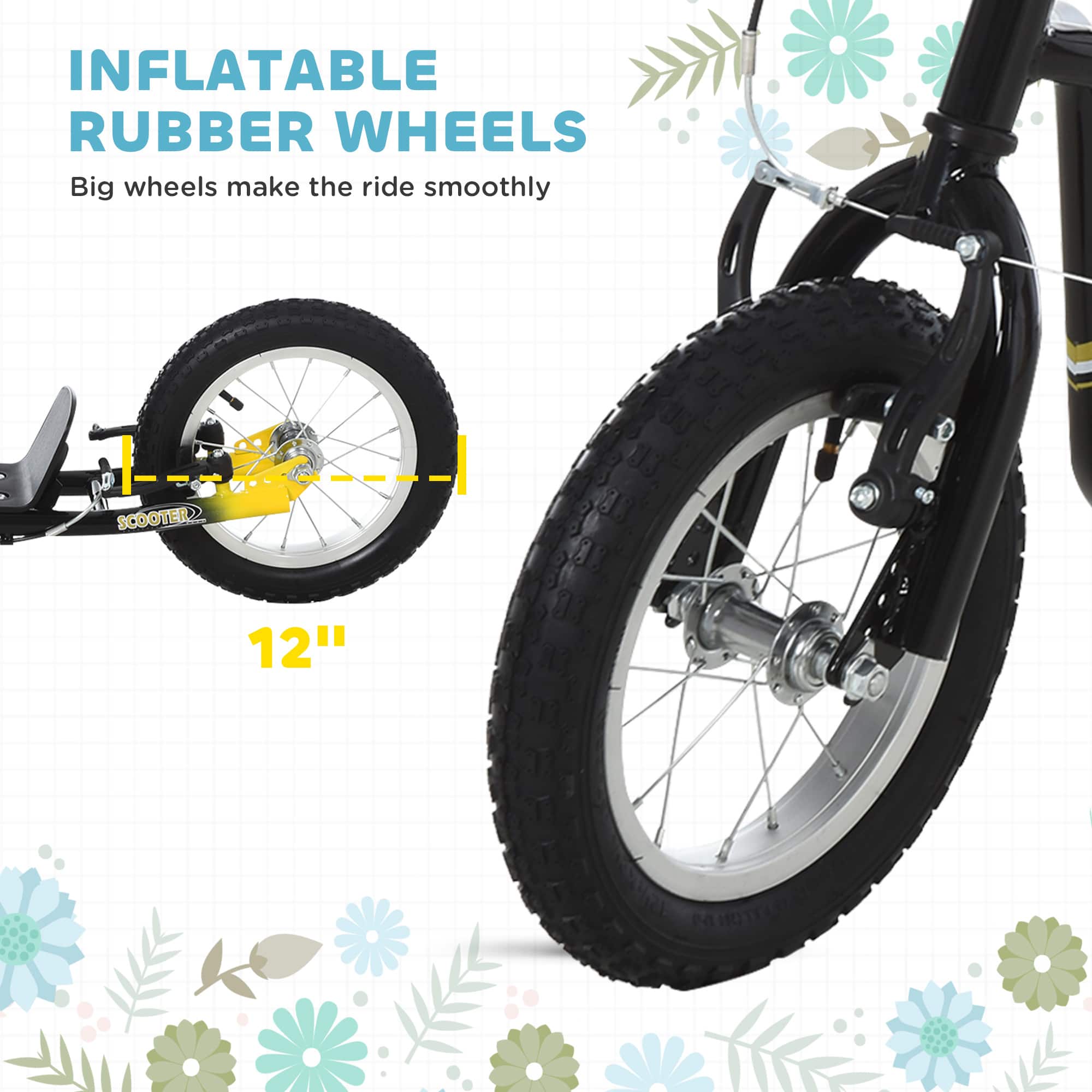 Aosom - Youth Scooter Front and Rear Caliper Dual Brakes 12-Inch Inflatable Front Wheel Ride On Toy For Age 5+, Max Load 220lbs - Black - Image 5