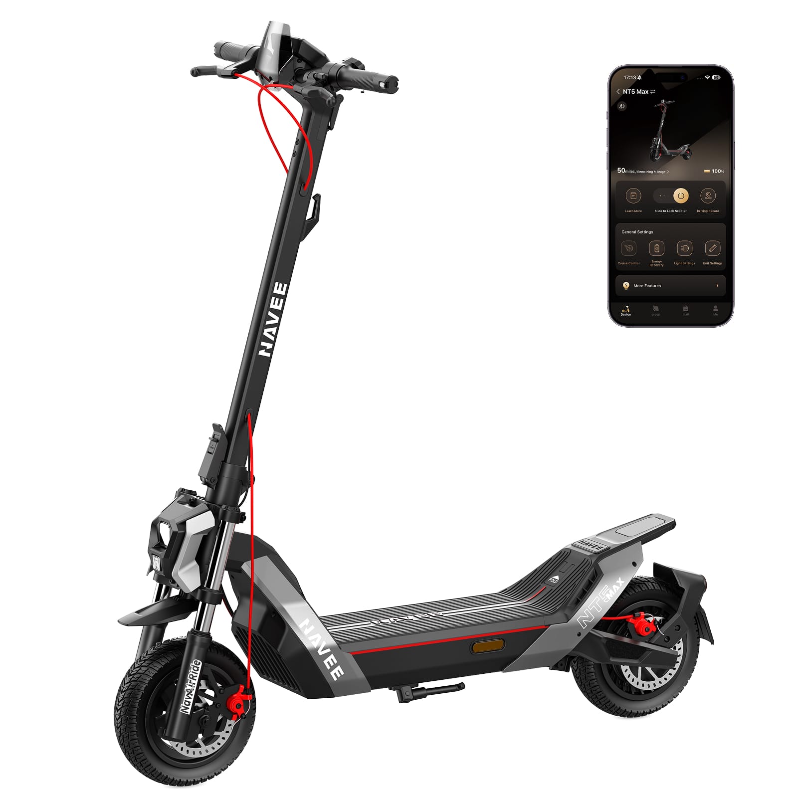NAVEE - NT5 Max Electric Scooter, 51.6 mi Max Range, 31 MPH Max Speed, 1900W Motor, Telescopic Suspension, 10.5" Tires - Black