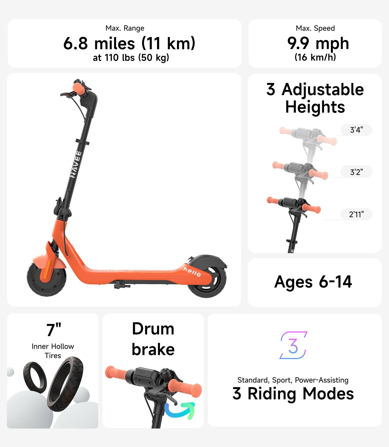 NAVEE - K100 Pro Kid Electric Scooter with 6.8miles Max Operating Range and 12.4mph Max Speed - Orange - Image 4