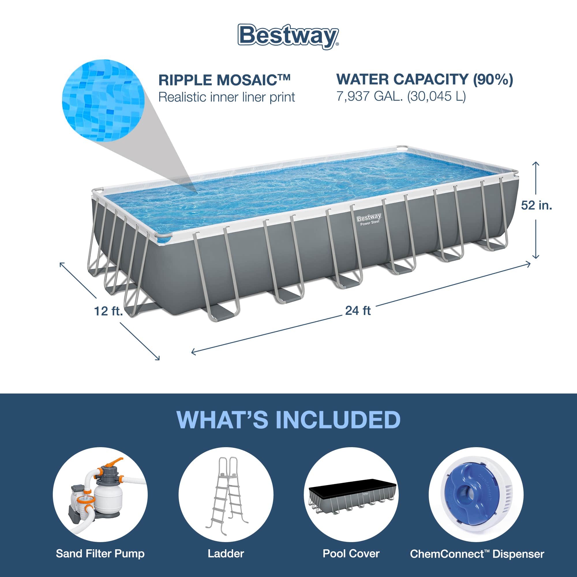 Bestway - 24ft x 12ft x 52in Rectangular Frame Family Swimming Pool & Test Kit - Image 3