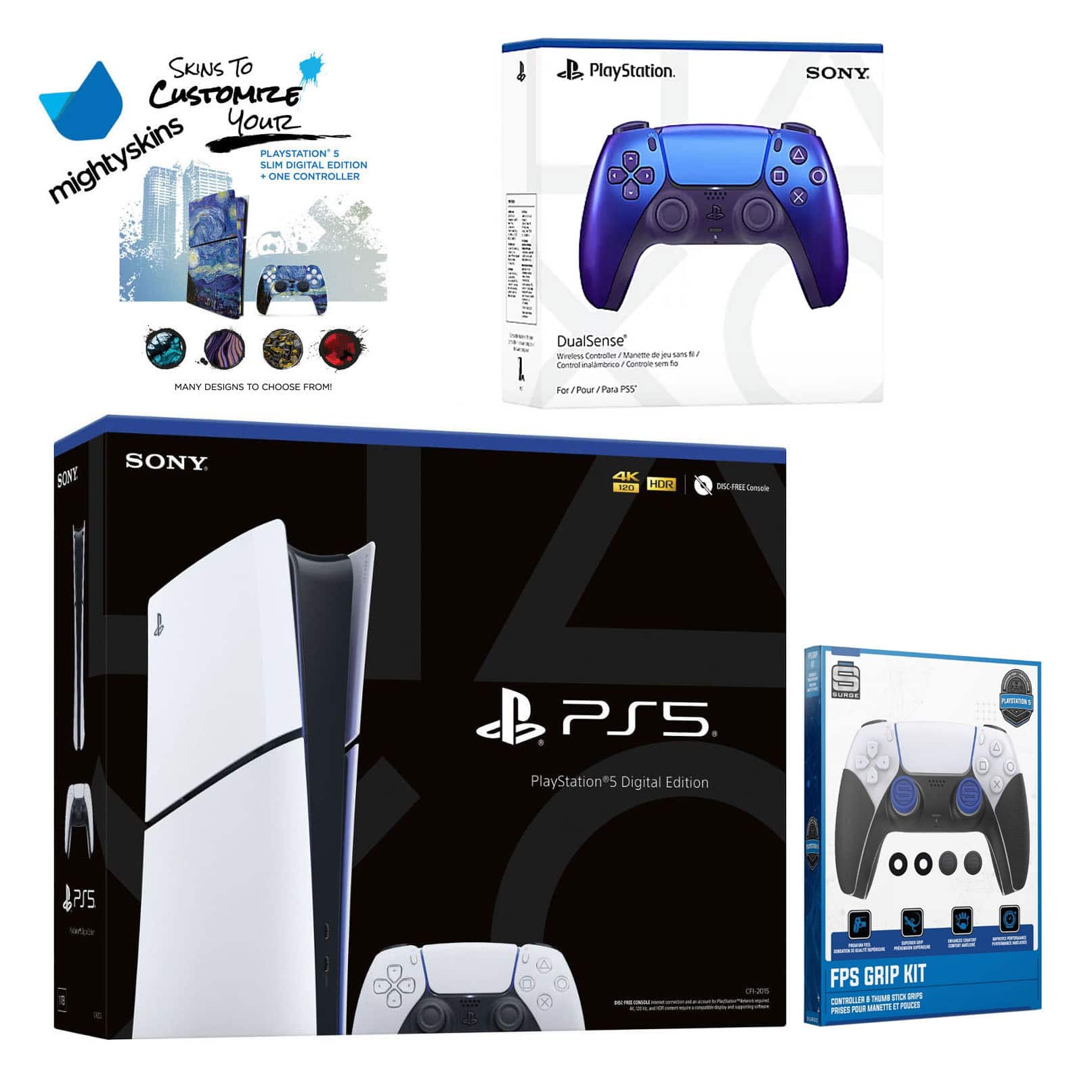 Playstation 5 Slim Digital with Extra Controller, FPS Grip Kit and MightySkins Decal Voucher + 2 - PlayStation 5