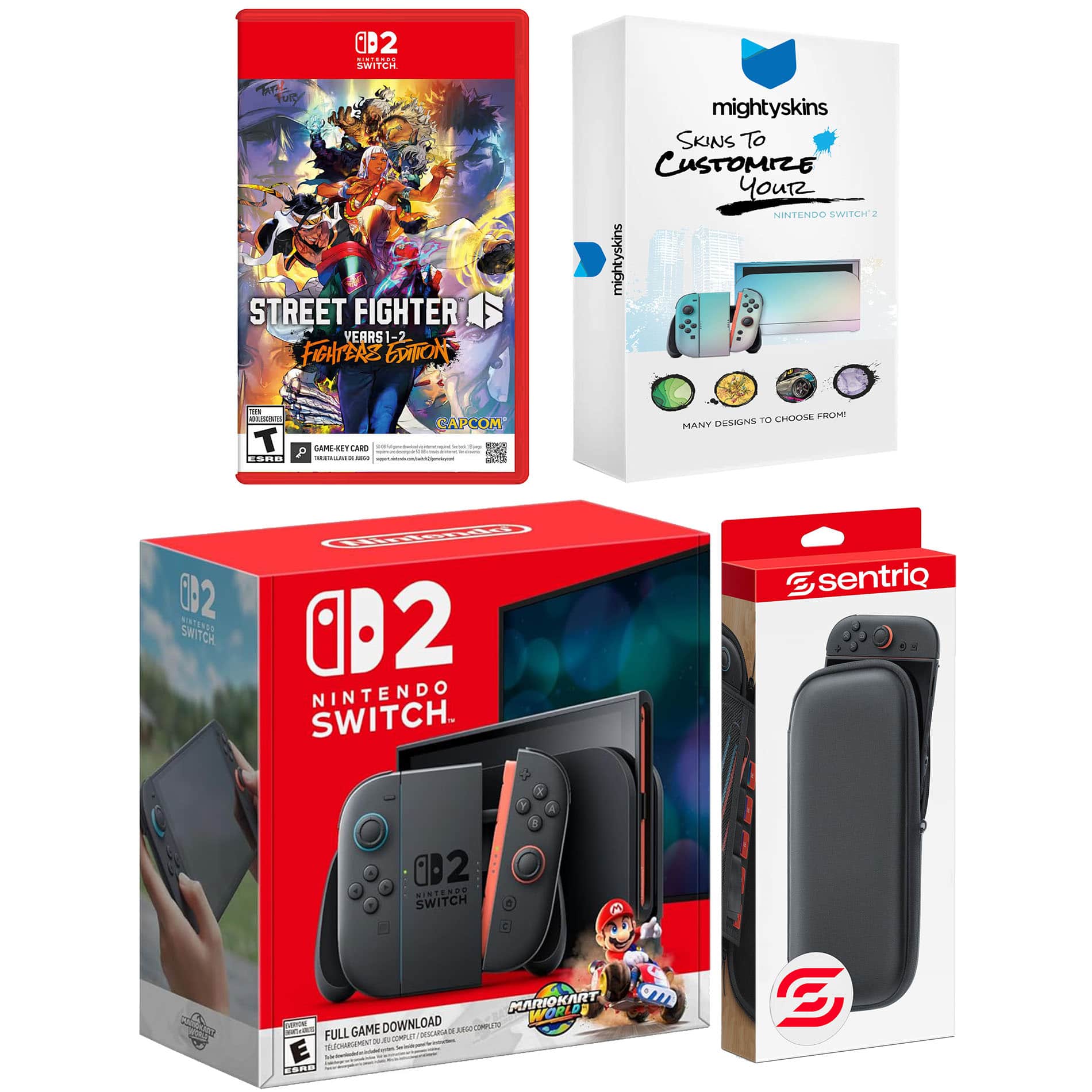 Switch 2 + Mario Kart World, Street Fighter 6, MightySkins Code and Protective Case Bundle - Nintendo Switch 2