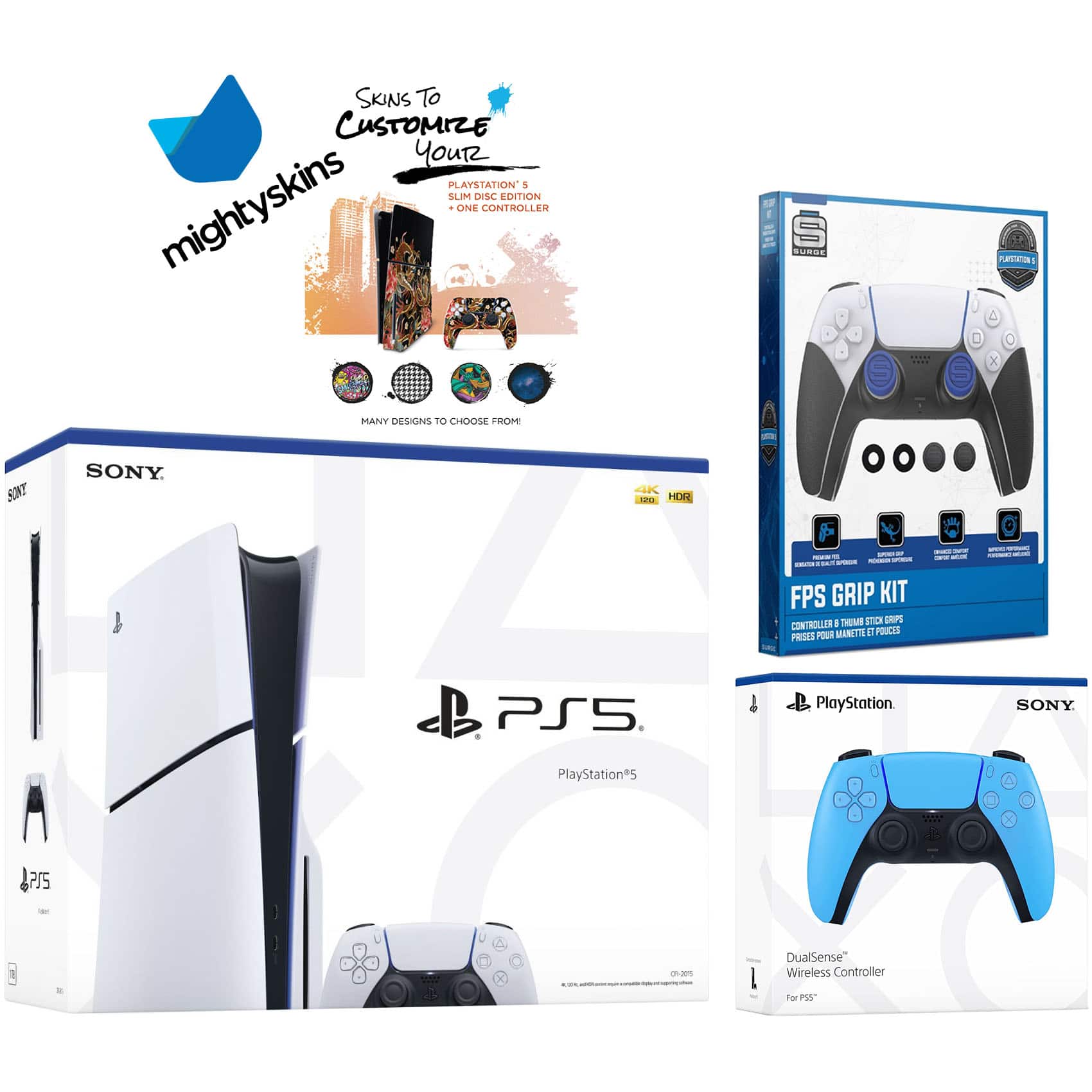 PlayStation 5 Slim Disc with Extra Controller, FPS Grip Kit and MightySkins Decal Voucher - PlayStation 5