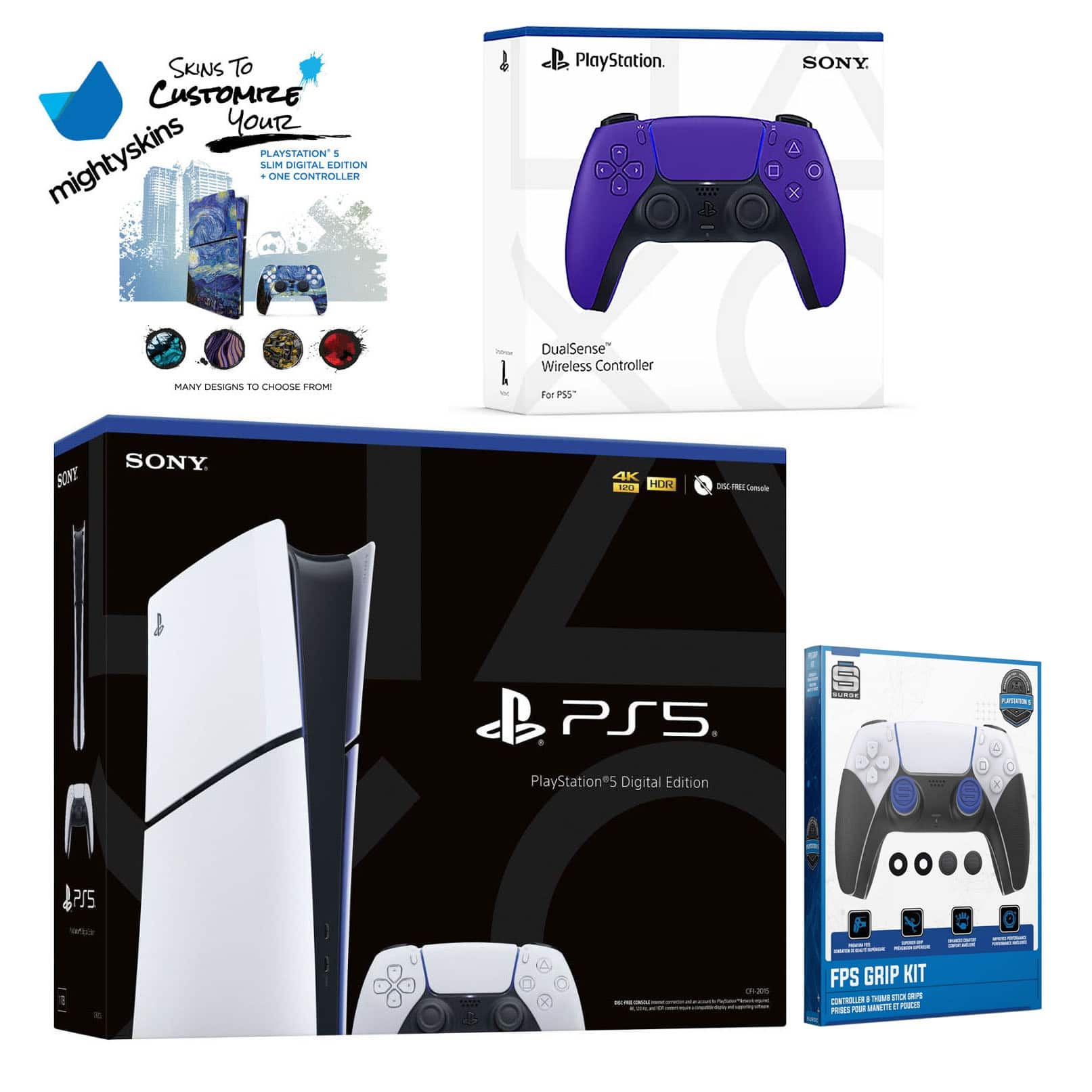 PlayStation 5 Slim Digital with Extra Controller, FPS Grip Kit and MightySkins Decal Voucher - PlayStation 5