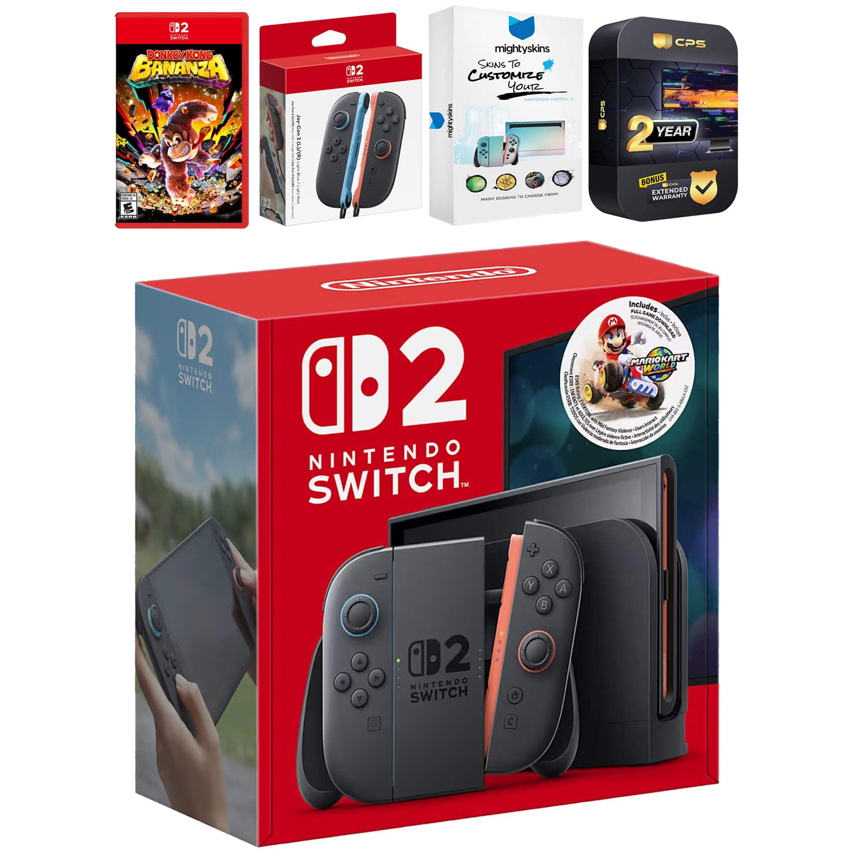 Switch 2 + Mario Kart World Bundle with Donkey Kong Bananza, Extra Joy-Cons, MightySkins Code and 2 CPS Year - Nintendo Switch 2