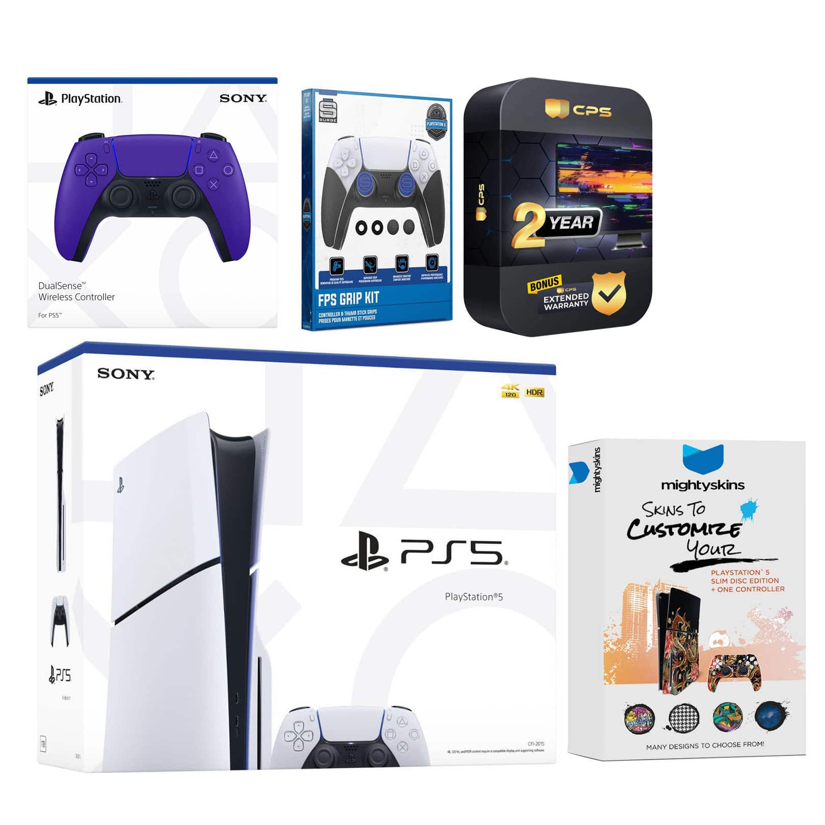 Playstation 5 Slim Disc with Extra Controller, FPS Grip Kit and MightySkins Decal Voucher + 2 Year - PlayStation 5