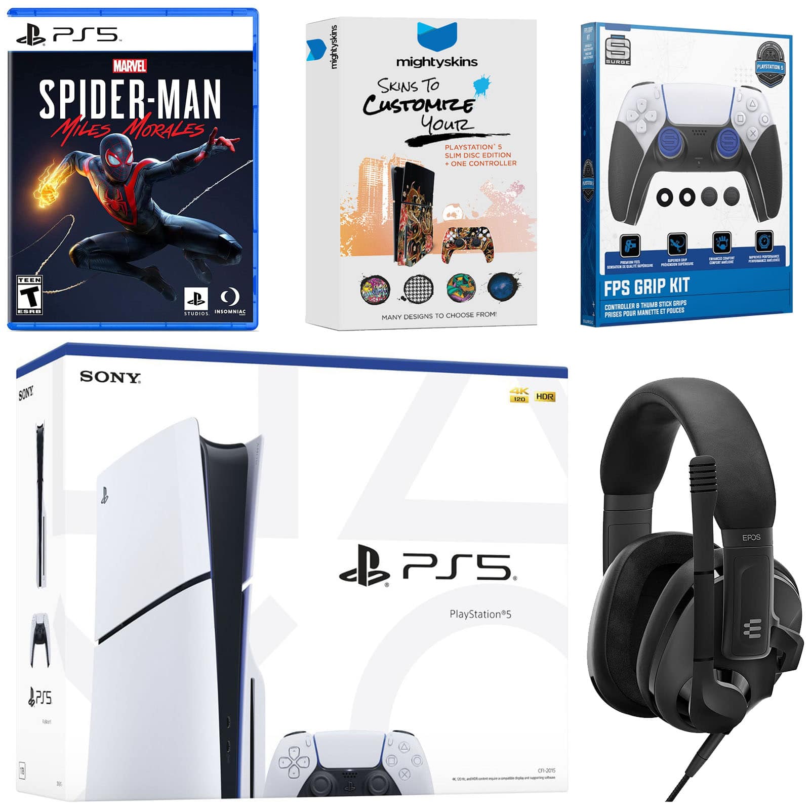 PlayStation 5 Slim Disc Bundle with Spider-Man: Miles Morales, EPOS Headset, FPS Grip Kit and MightySkins Code - PlayStation 5