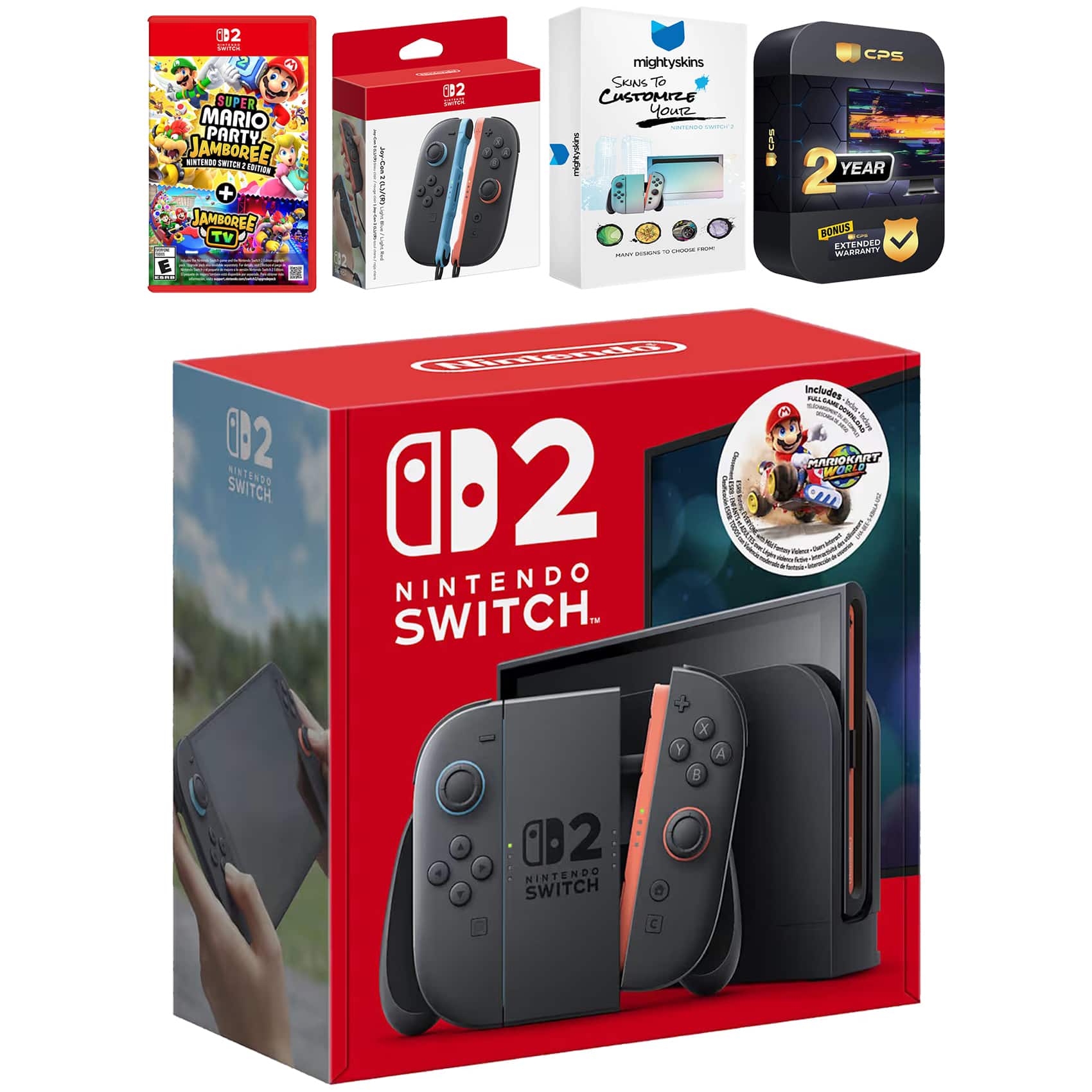 Switch 2 + Mario Kart World Bundle with Super Mario Party Jamboree, Extra Joy-Cons, MightySkins Code and 2 CPS - Nintendo Switch 2