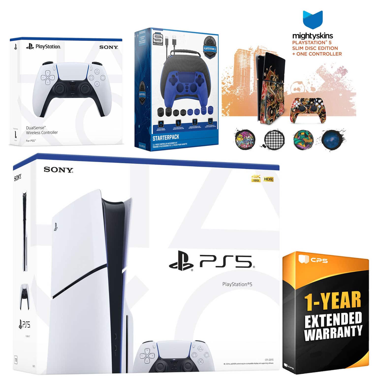 Playstation 5 Slim Disc with Extra Controller, Gamer Starter Kit and MightySkins Decal Voucher + 1 Year CPS - PlayStation 5