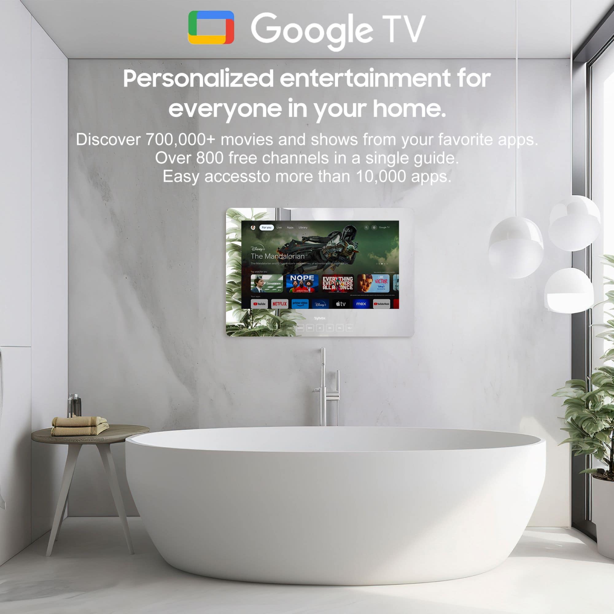 Sylvox - 24" Clas Smart Bathroom Mirror TV, 1080P FHD LED Google TV, IP66 Waterproof Anti-Fog, Dual Front Speakers (Wall Mount) - Image 4