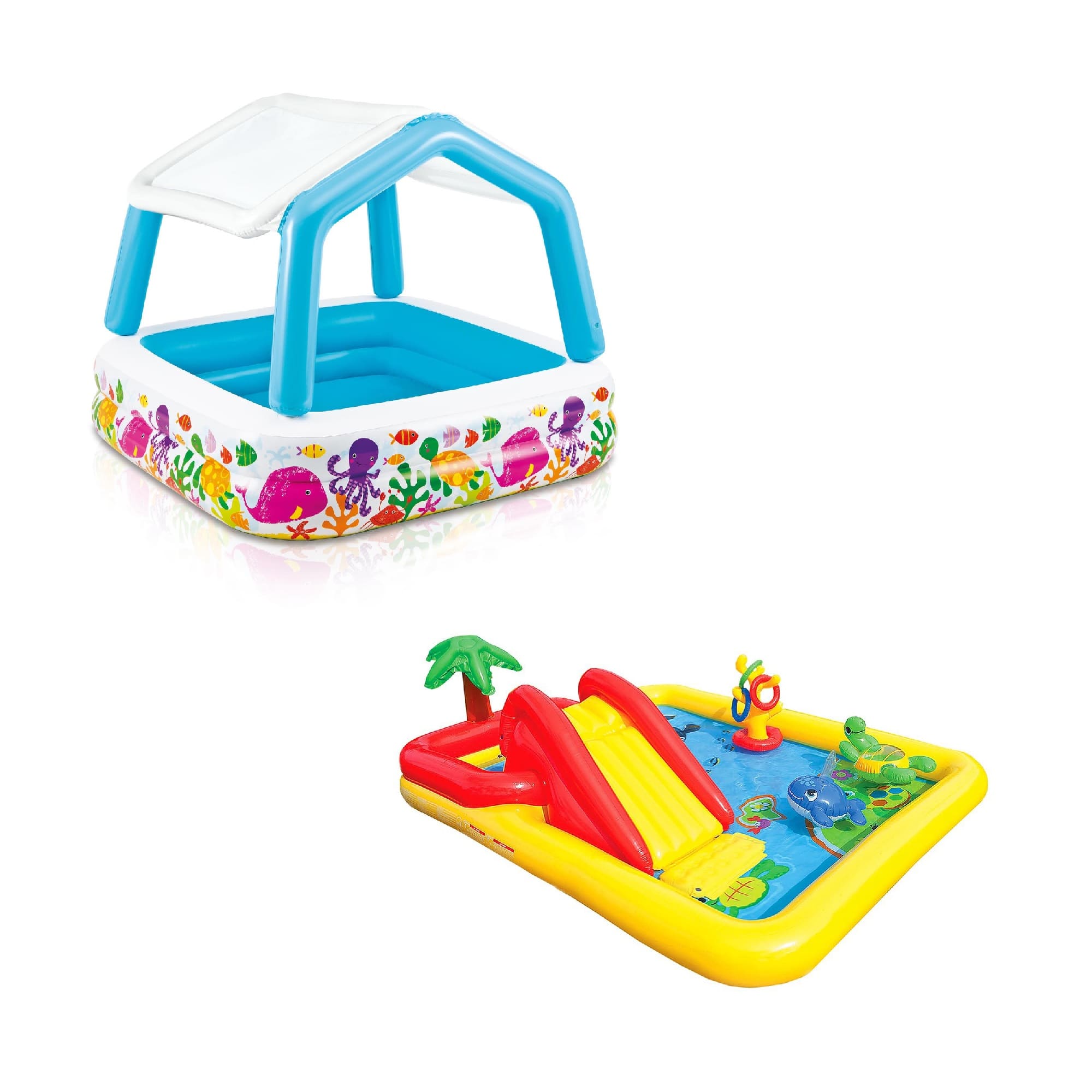 Intex - Ocean Scene Kiddie Pool With Shade Canopy & Ocean Play Kiddie Pool & Games
