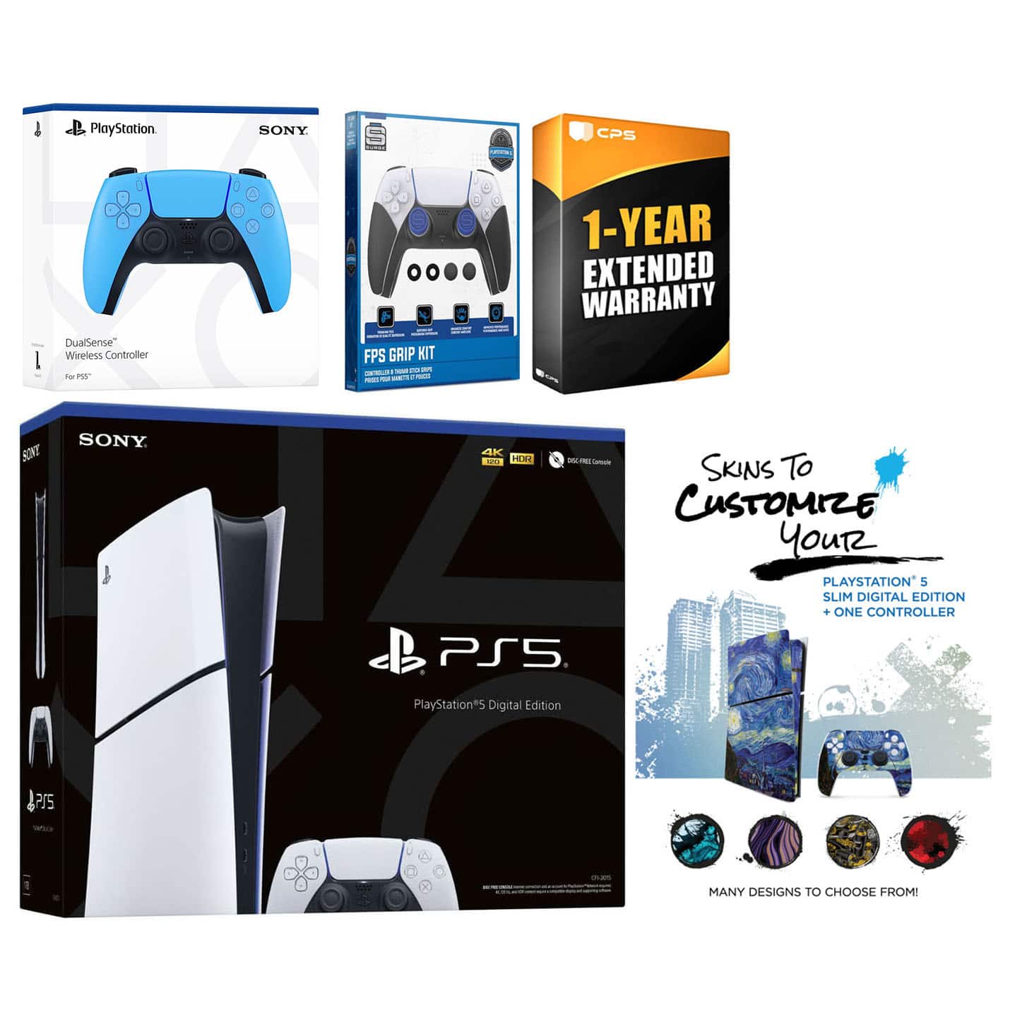 Playstation 5 Slim Digital with Extra Controller, FPS Grip Kit and MightySkins Decal Voucher + 1 - PlayStation 5