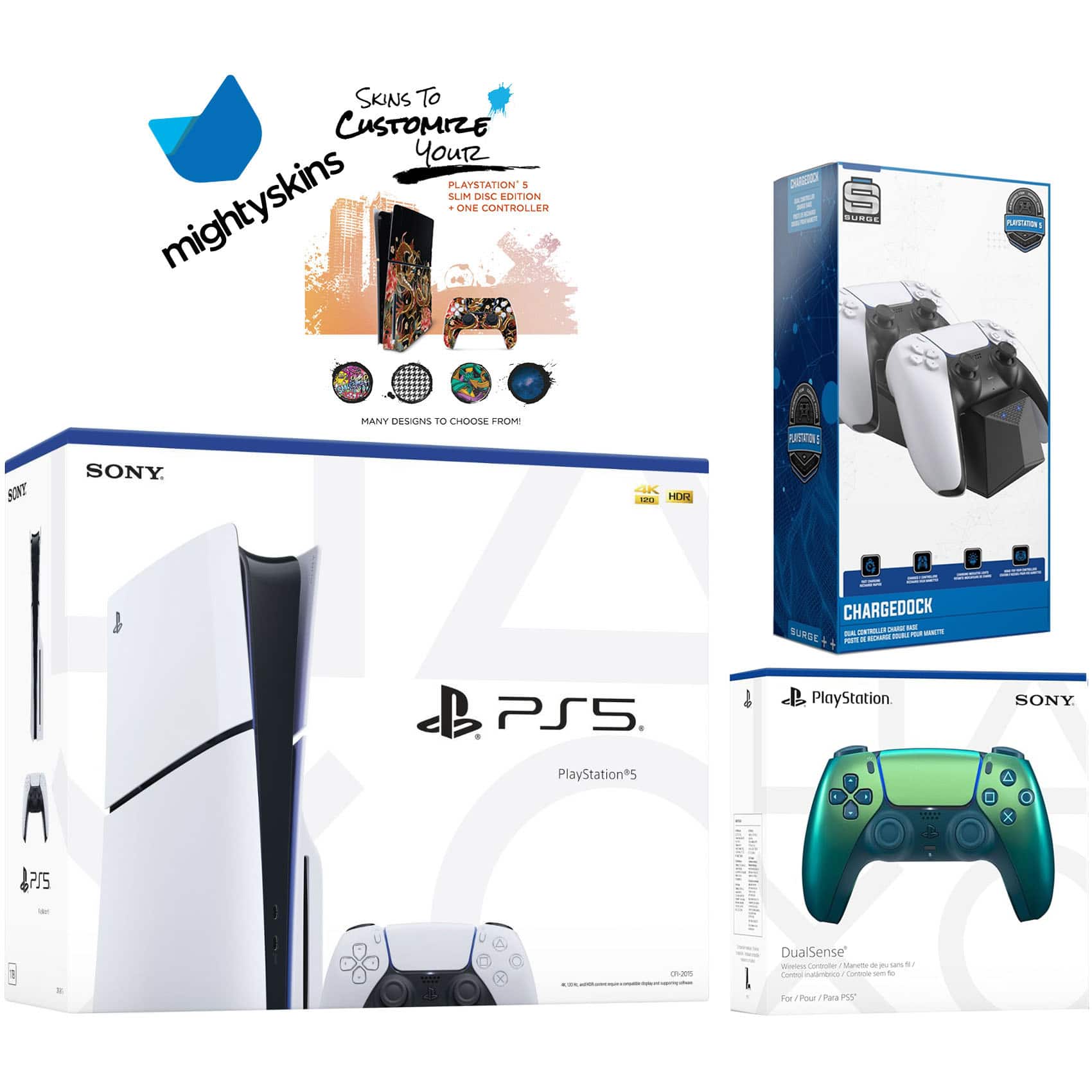PlayStation 5 Slim Disc with Extra Controller, Dual Charging Dock and MightySkins Decal Voucher - PlayStation 5