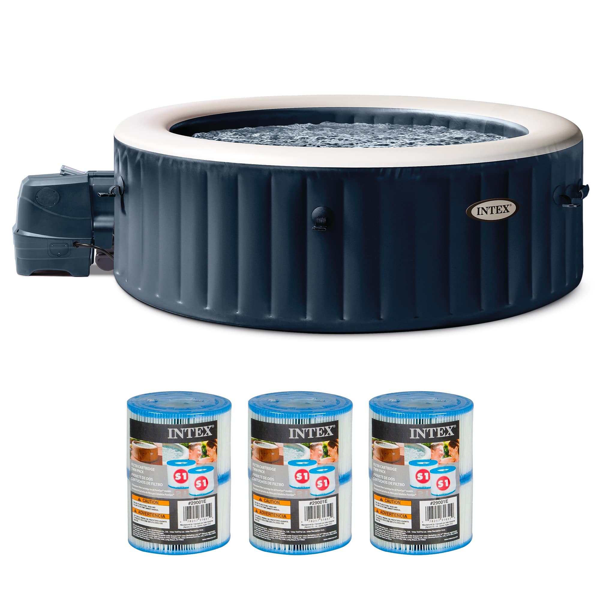 Intex - PureSpa Plus Inflatable Bubble Jet Hot Tub & Replacement Filters (6 Pack) - Blue