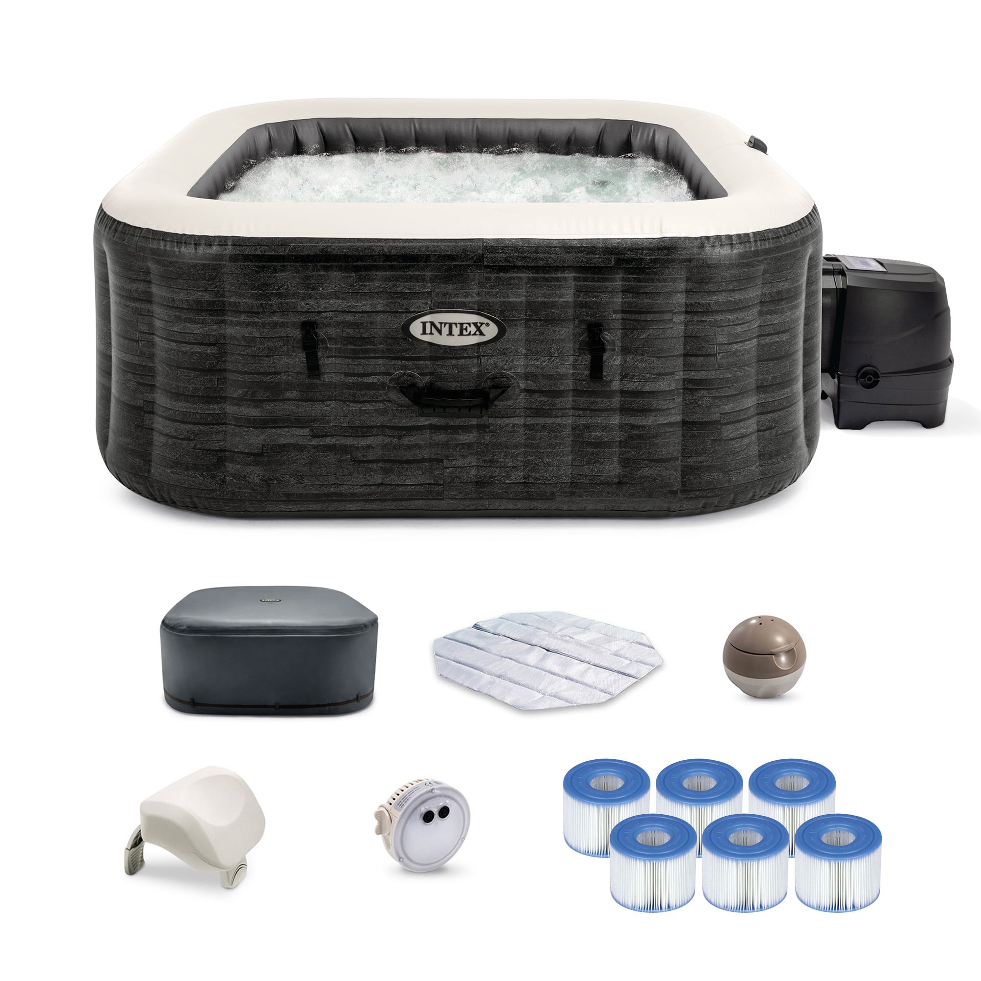 Intex - PureSpa Plus Inflatable Square Spa & Type S1 Filter Cartridges (6 Pack) - Gray