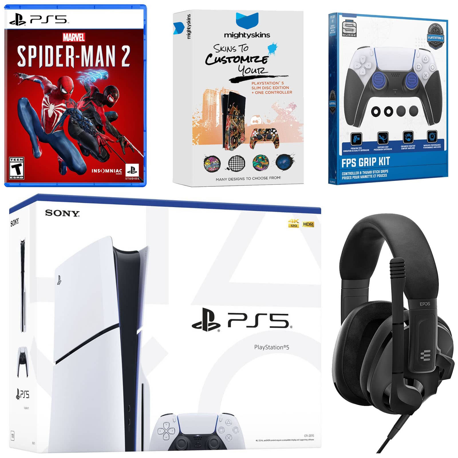 PlayStation 5 Slim Disc Bundle with Spider-Man 2, EPOS Headset, FPS Grip Kit and MightySkins Code - PlayStation 5