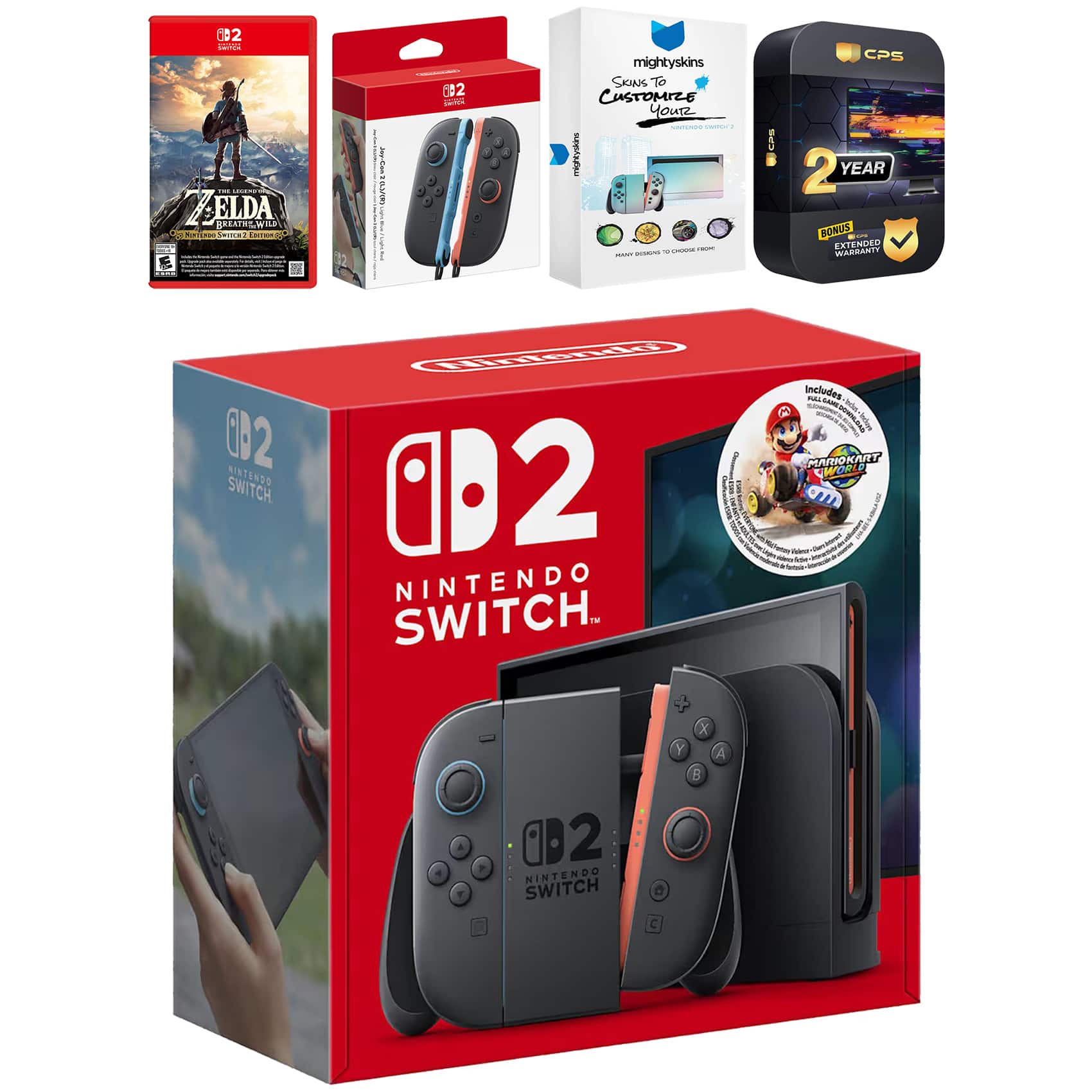 Switch 2 + Mario Kart World Bundle with Zelda Breath of the Wild, Extra Joy-Cons, MightySkins Code and 2 CPS - Nintendo Switch 2