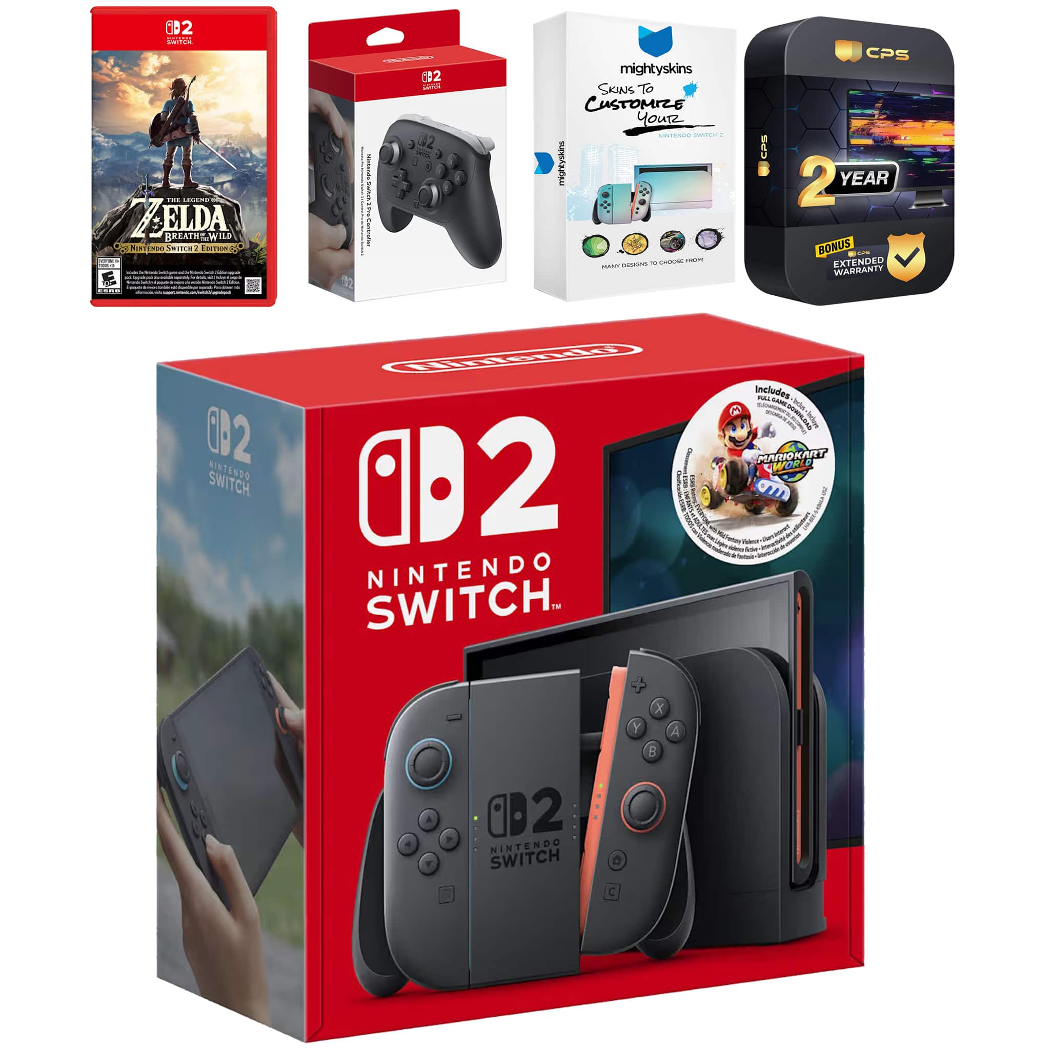 Switch 2 + Mario Kart World Bundle with Zelda Breath of the Wild, Pro Controller, MightySkins Code and 2 CPS - Nintendo Switch 2