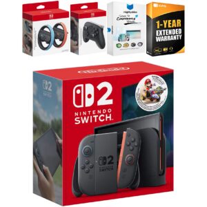 Switch 2 Mario Kart World Bundle with Pro Controller, Joy Con Wheel, MightySkins Code and 1 CPS Year Extended - Nintendo Switch 2