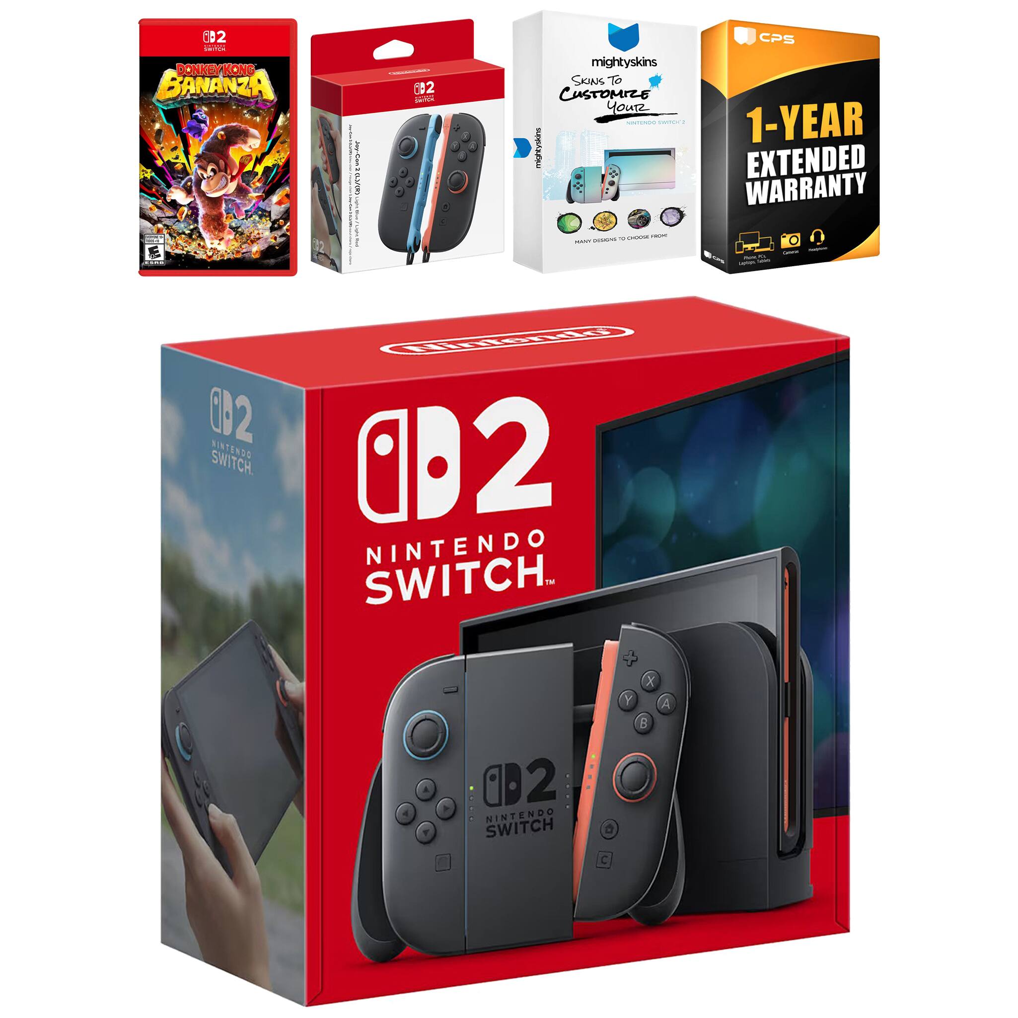 Switch 2 Console with Donkey Kong Bonanza, Extra Joy-Cons, MightySkins Code and 1 CPS Year Extended Warranty - Nintendo Switch 2