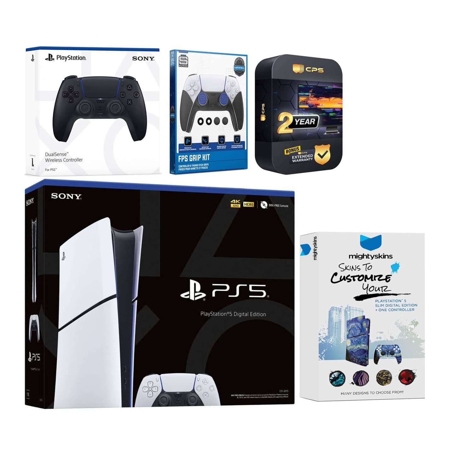 Playstation 5 Slim Digital with Extra Controller, FPS Grip Kit and MightySkins Decal Voucher + 2 - PlayStation 5
