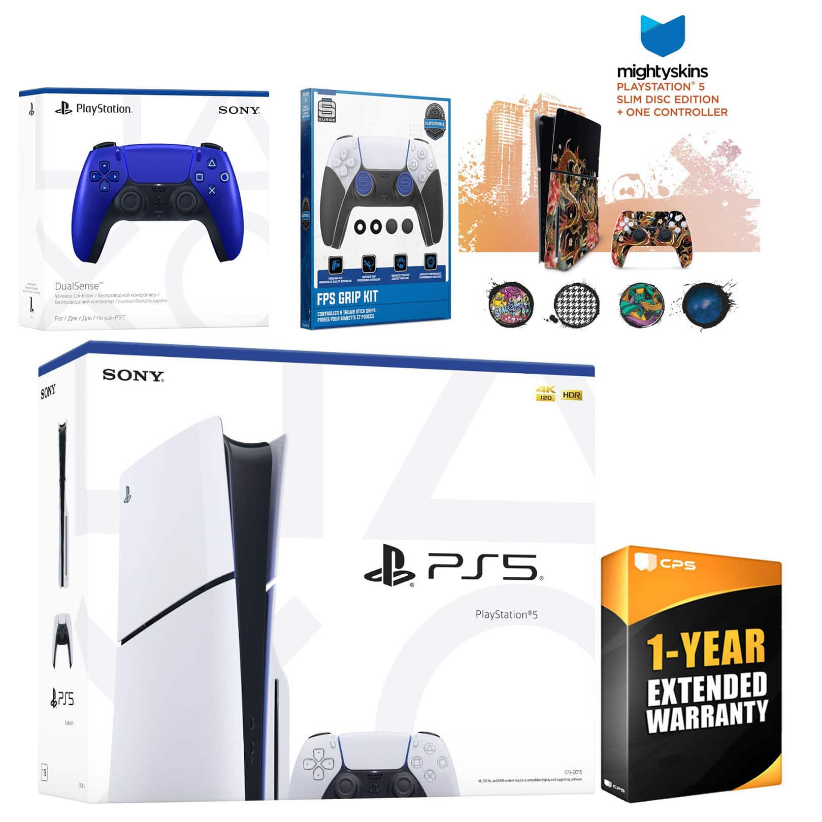Playstation 5 Slim Disc with Extra Controller, FPS Grip Kit and MightySkins Decal Voucher + 1 Year CPS - PlayStation 5