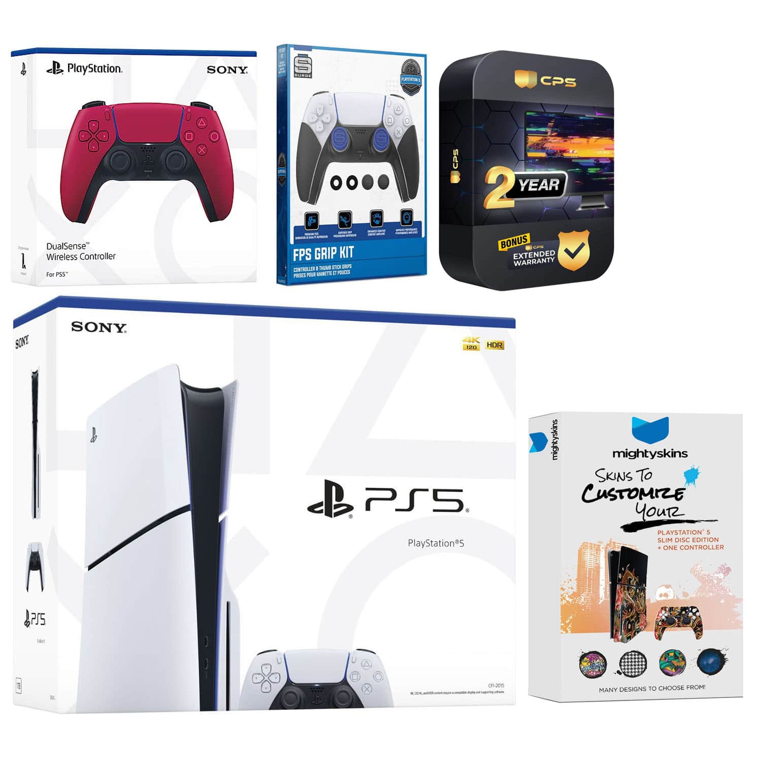 Playstation 5 Slim Disc with Extra Controller, FPS Grip Kit and MightySkins Decal Voucher + 2 Year CPS - PlayStation 5