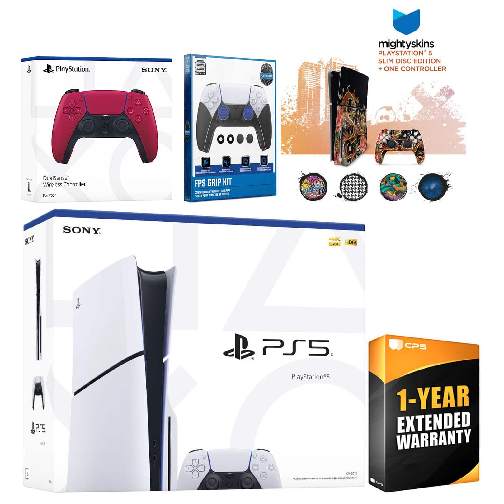 Playstation 5 Slim Disc with Extra Controller, FPS Grip Kit and MightySkins Decal Voucher + 1 Year CPS - PlayStation 5