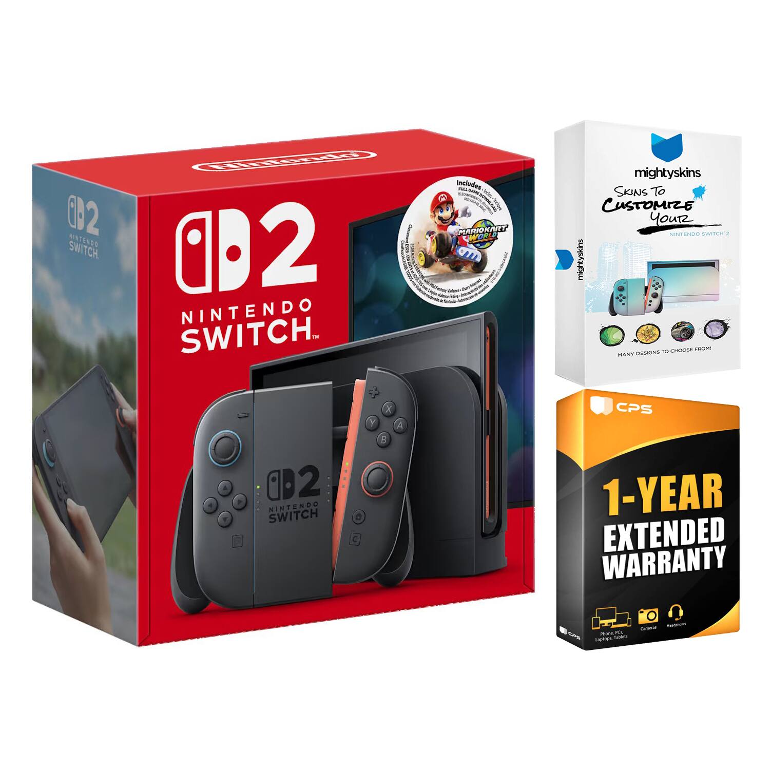 Switch 2 Mario Kart World Bundle with MightySkins Code and 1 Year Extended Warranty - Nintendo Switch 2