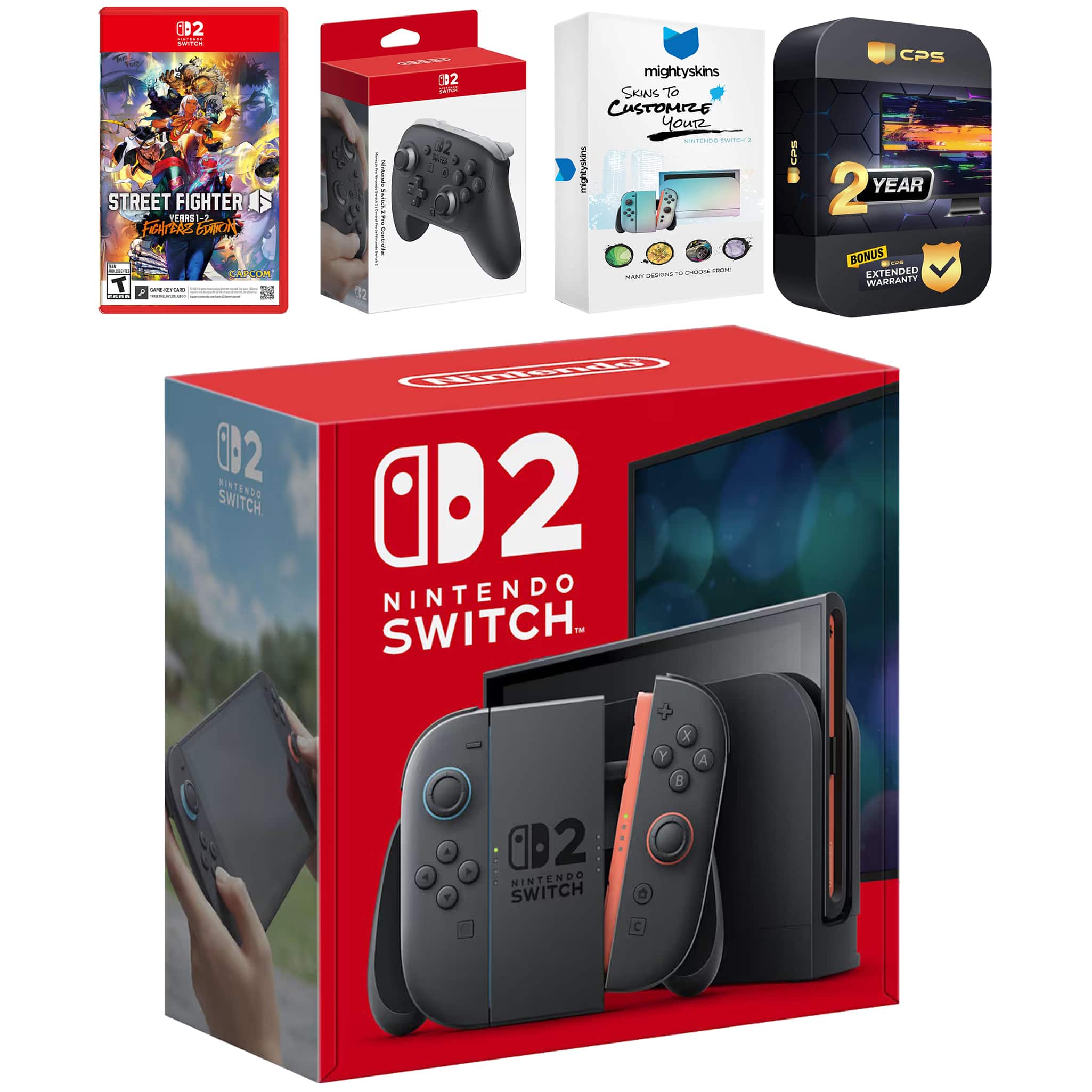 Switch 2 Console with Street Fighter 6, Pro Controller, MightySkins Code and 2 CPS Year Extended Warranty - Nintendo Switch 2