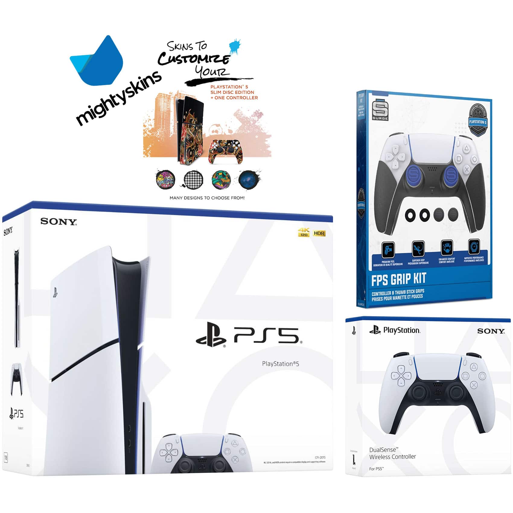 PlayStation 5 Slim Disc with Extra Glacier Controller, FPS Grip Kit and MightySkins Decal Voucher - PlayStation 5