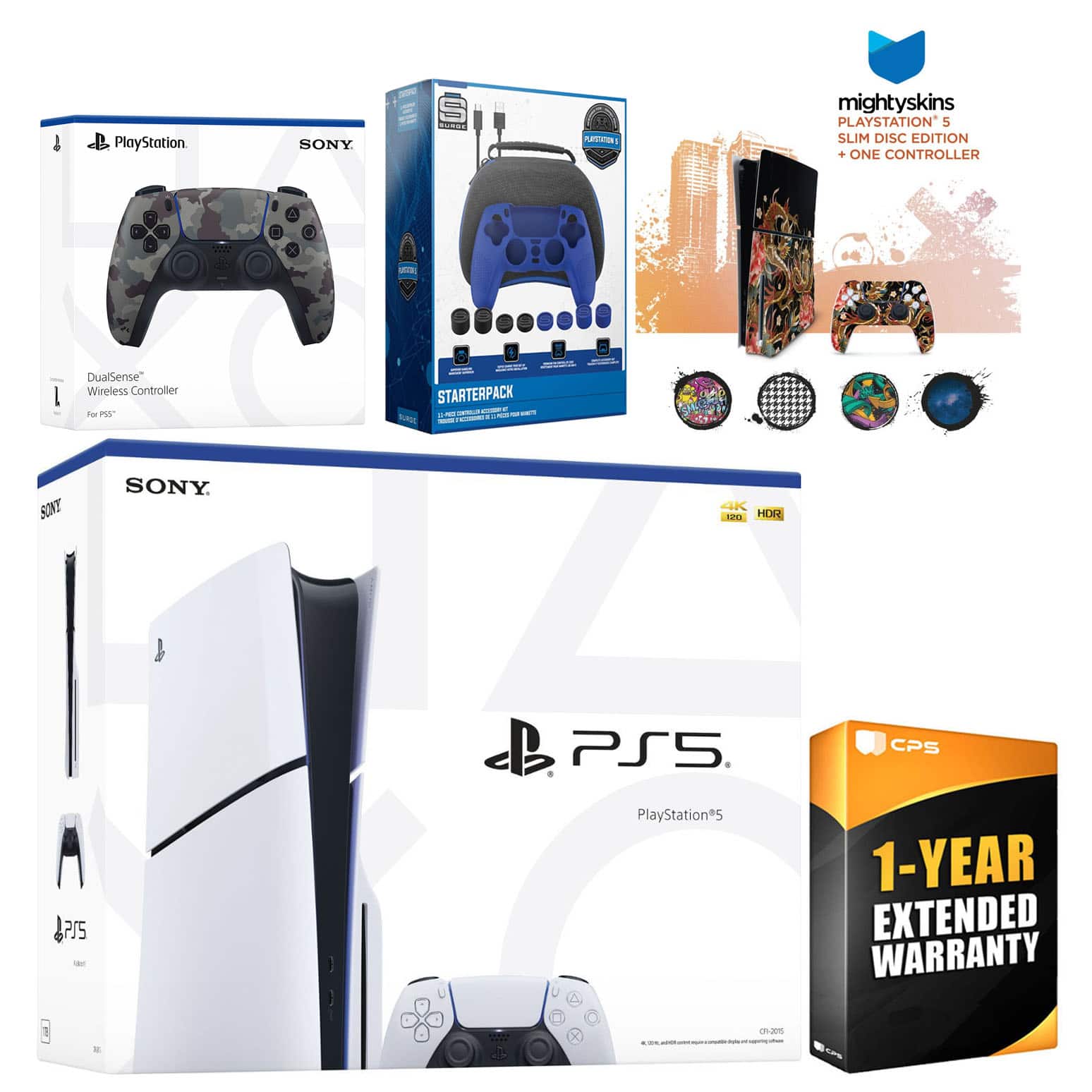 Playstation 5 Slim Disc with Extra Controller, Gamer Starter Kit and MightySkins Decal Voucher + 1 Year - PlayStation 5