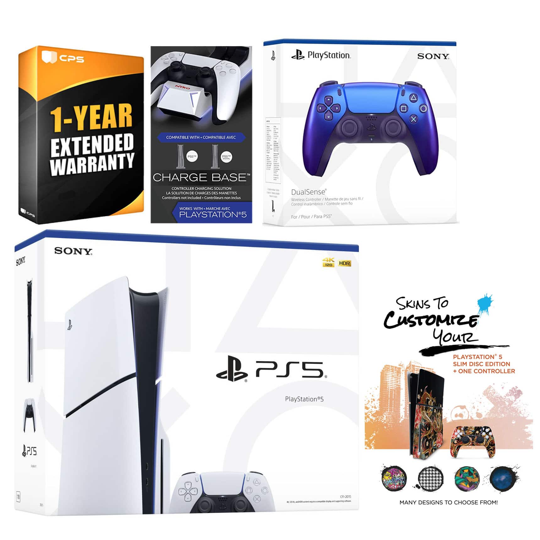 Playstation 5 Slim Disc with Extra Controller, Charging Dock and MightySkins Decal Voucher + 1 Year - PlayStation 5