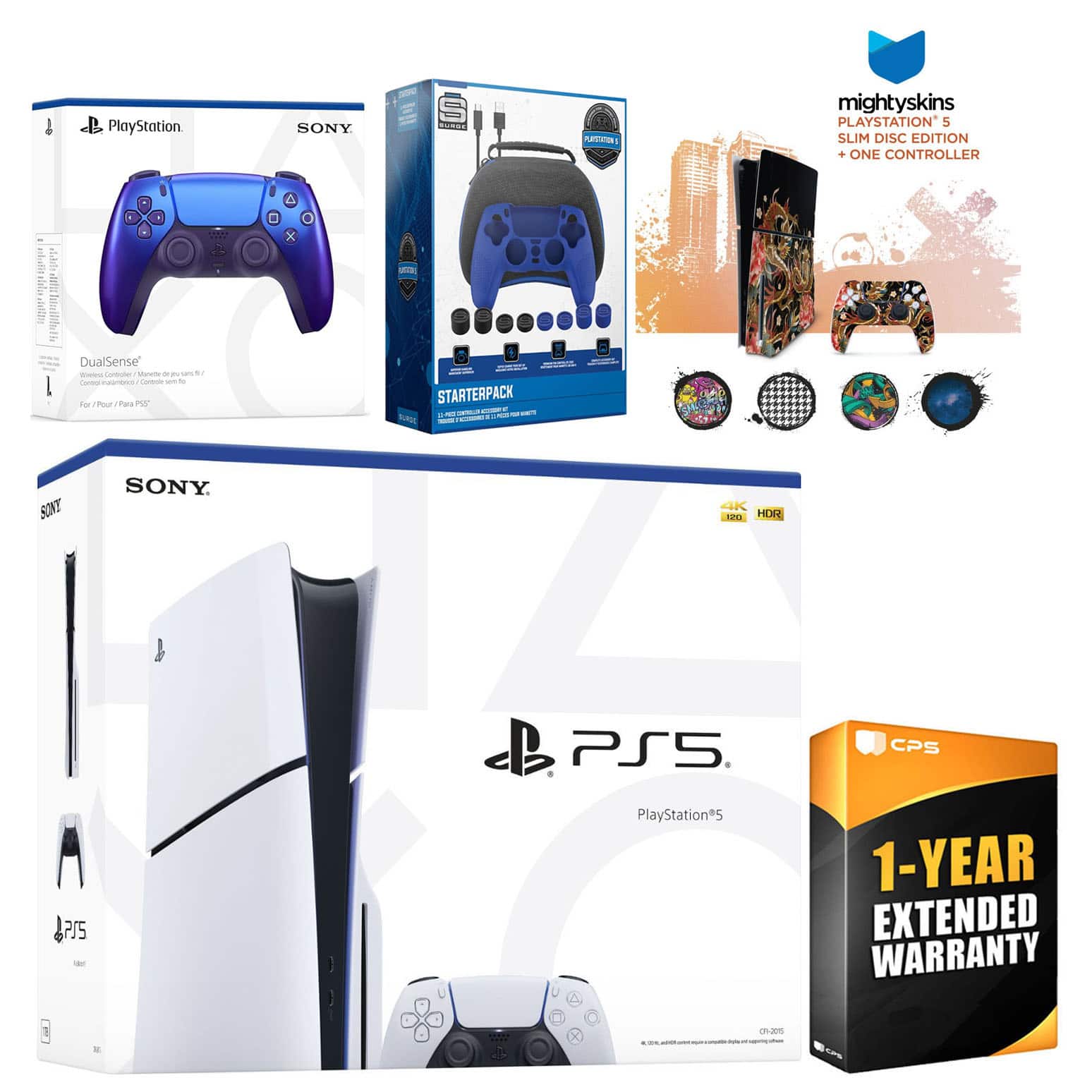 Playstation 5 Slim Disc with Extra Controller, Gamer Starter Kit and MightySkins Decal Voucher + 1 - PlayStation 5