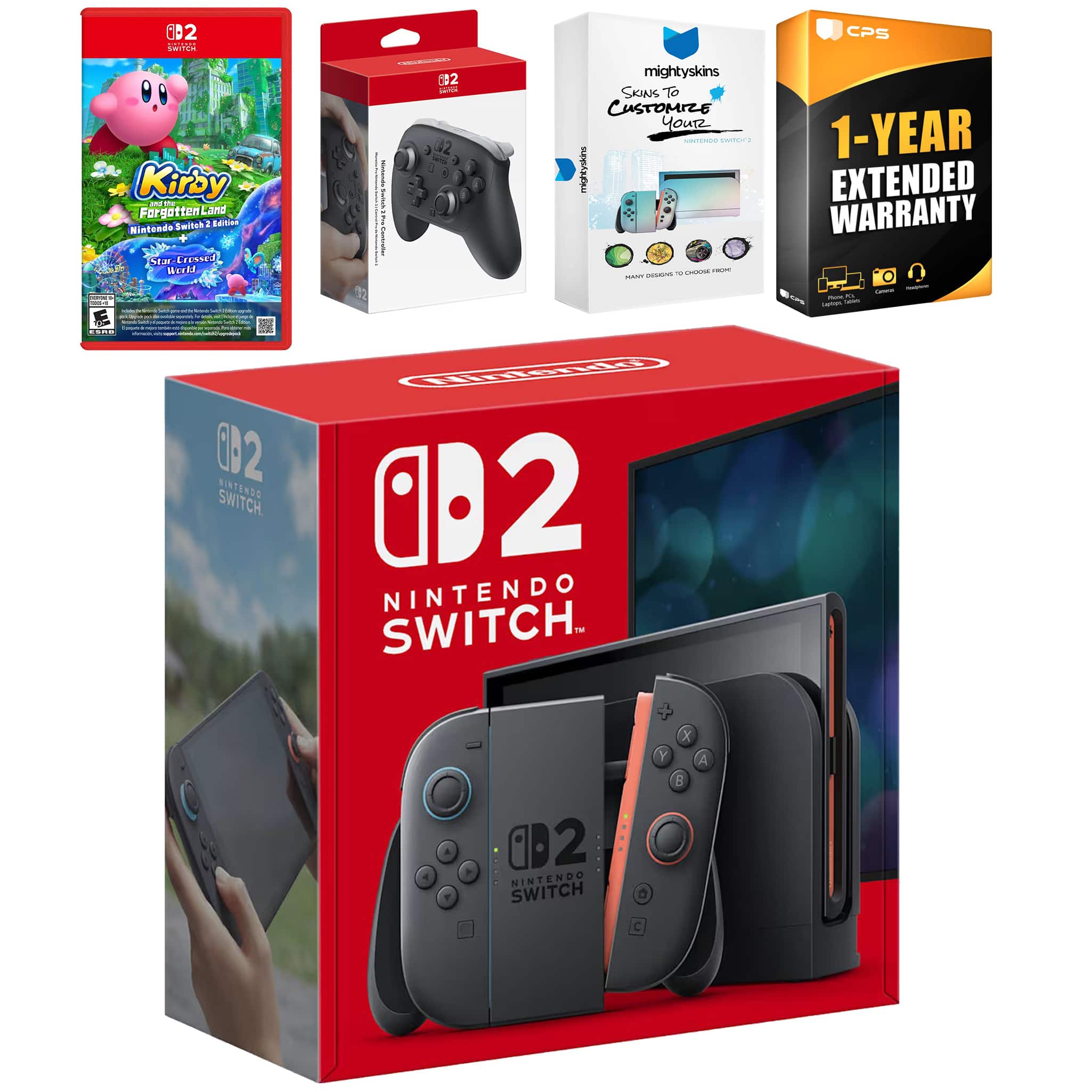 Switch 2 Console with Kirby the Forgotten Land, Pro Controller, MightySkins Code and 1 CPS Year Extended - Nintendo Switch 2