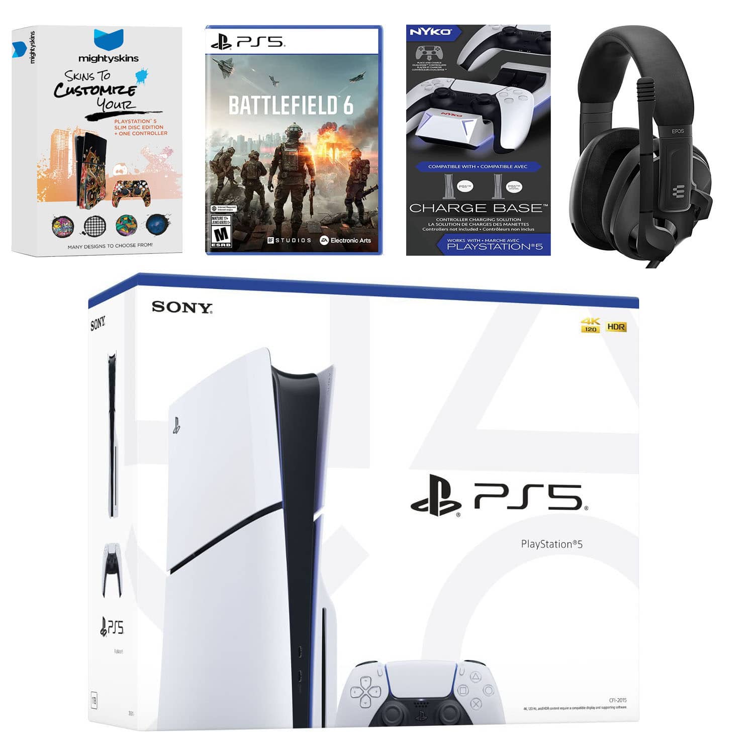 PlayStation 5 Slim Disc Bundle with Battlefield 6, EPOS Headset, Charging Dock and MightySkins Code - PlayStation 5