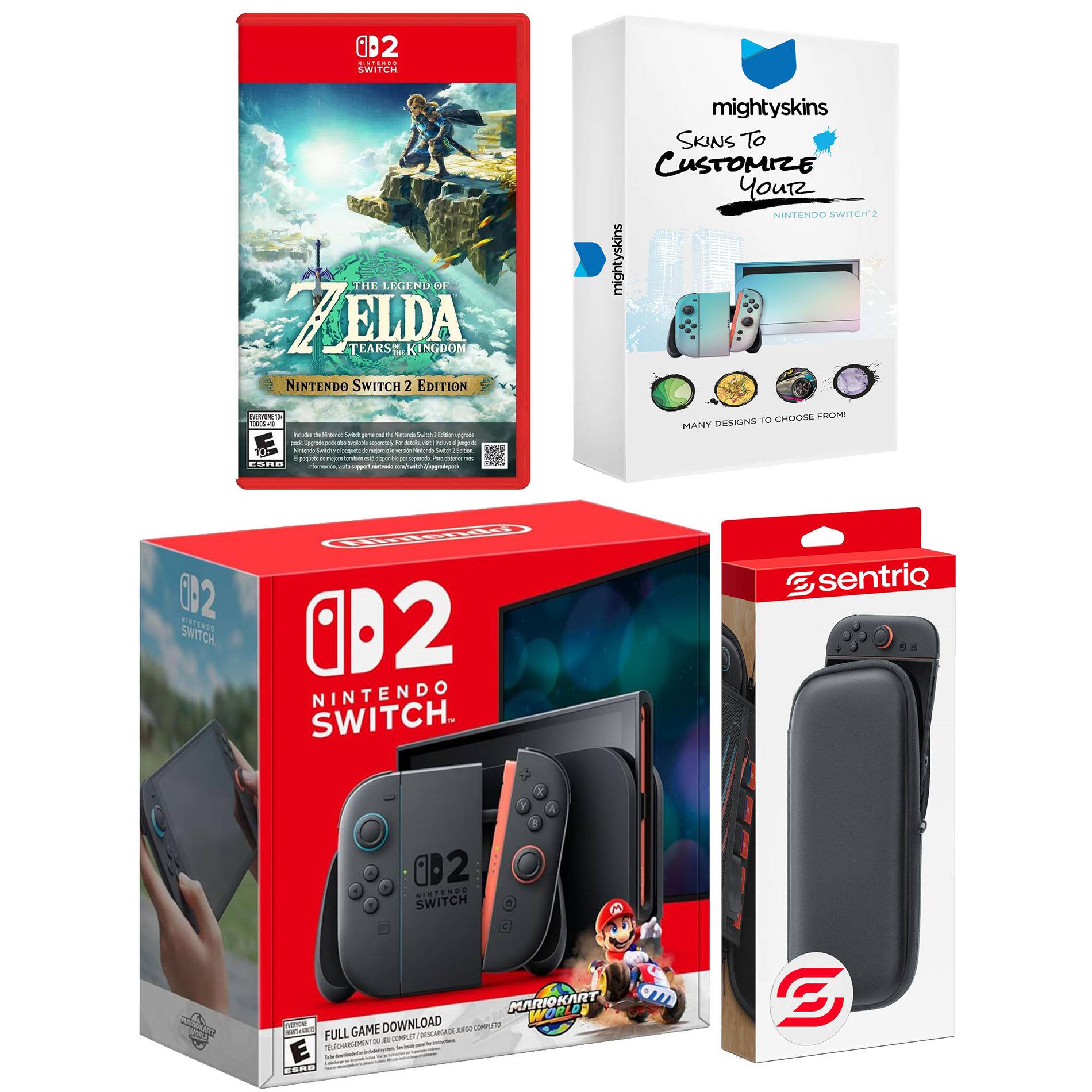 Switch 2 + Mario Kart World, Zelda Tears of the Kingdom, MightySkins Code and Protective Case Bundle - Nintendo Switch 2